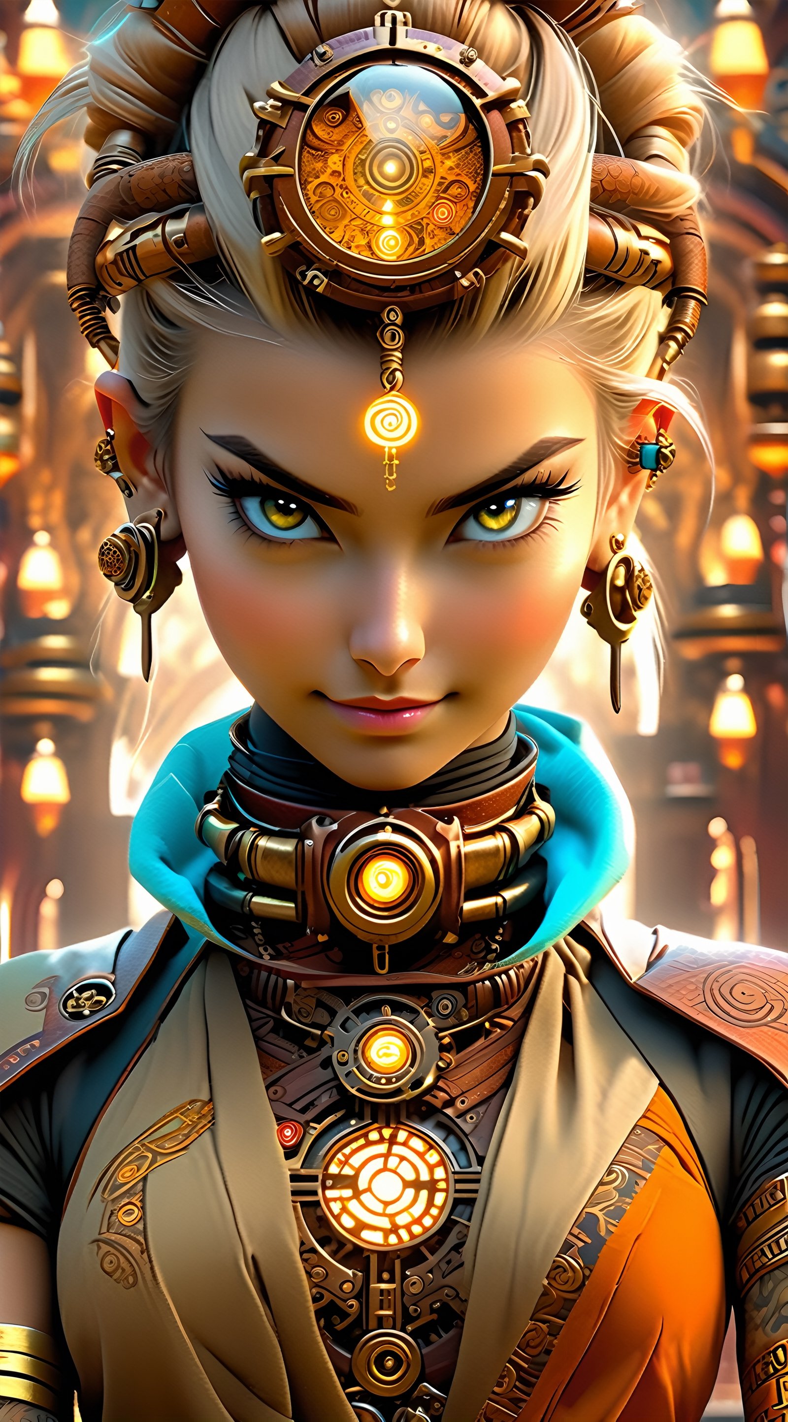 A stunning photograph of a white female Buddhist monk in a meticulously designed steampunk setting wearing a steampunk t-shirt, beautiful face. Full body, random pose, Tattoo. Her eyes and the detailed environment create an engaging image. The sharp focus ensures that every aspect of her face, skin, and body is highly detailed. Masterpiece, Best quality, Intricate high detail, Highly detailed, Sharp focus, Detailed skin, realistic skin texture, detailed eyes, professional, charming smile, shot on Canon, 85mm, shallow depth of field, Kodak Vision Color, Perfect Fit Body, extremely detailed, photography_\(ultra\), Photorealistic, Realistic, Post-processing, maximum details, roughness, real life, ultra realistic, Photorealism, photography, 8k UHD, photography