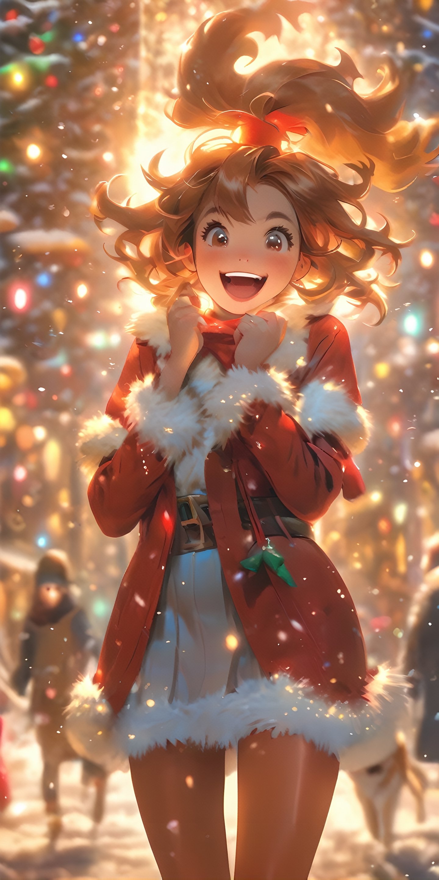 Top resolution、 Top image quality、 ​masterpiece、 8K、 (((One Woman)))、(((27yo)))、 Cheerful smile、 Big open mouth、 (((chestnut-colored hair、6headed body、Wave your hand up、 Soft breasts、sparkly eyes、Light in the eyes、bob cuts)))、 walking around happily、 (((Miniskirt Santa)))、 Wearing a cloak、((Long tights))、 Day Park、the children look surprised、Christmas、