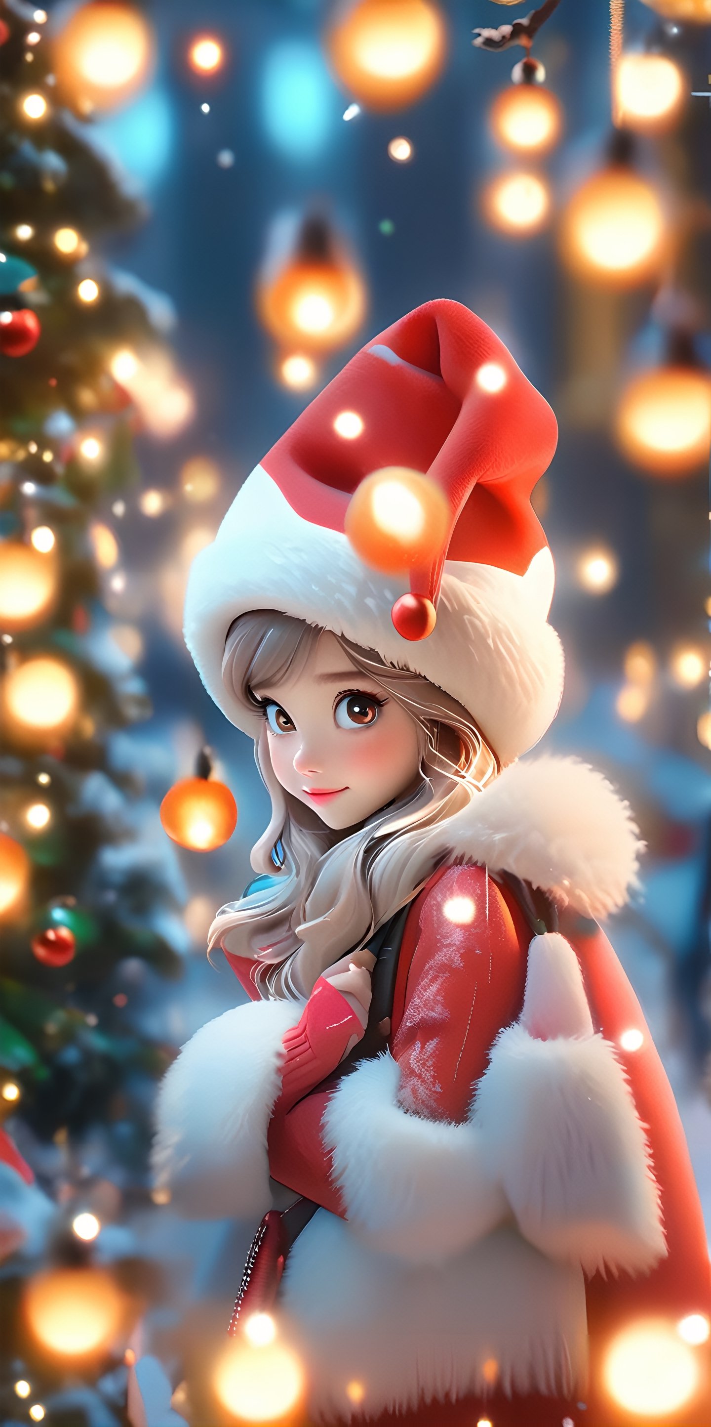 Top resolution、 Top image quality、 ​masterpiece、 8K、Cute Christmas girl with round eyes wearing Santa hat, night aura, Garden fountain, glimmer, Bokeh, beautiful winter city, Mirror effect, Volumetric lighting