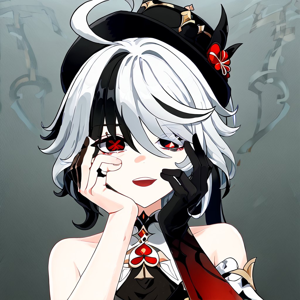 furina \(genshin impact\),black eyes,black  hair, cowlick,ahoge,hair over one eye,light  ,short hair,asymmetrical gloves,black Globes, solo, 1girl,black gloves,white hair,x-shapped pupils, black eyes with red x-shaped pupils, black hat, black clothes, red details,yandere trance