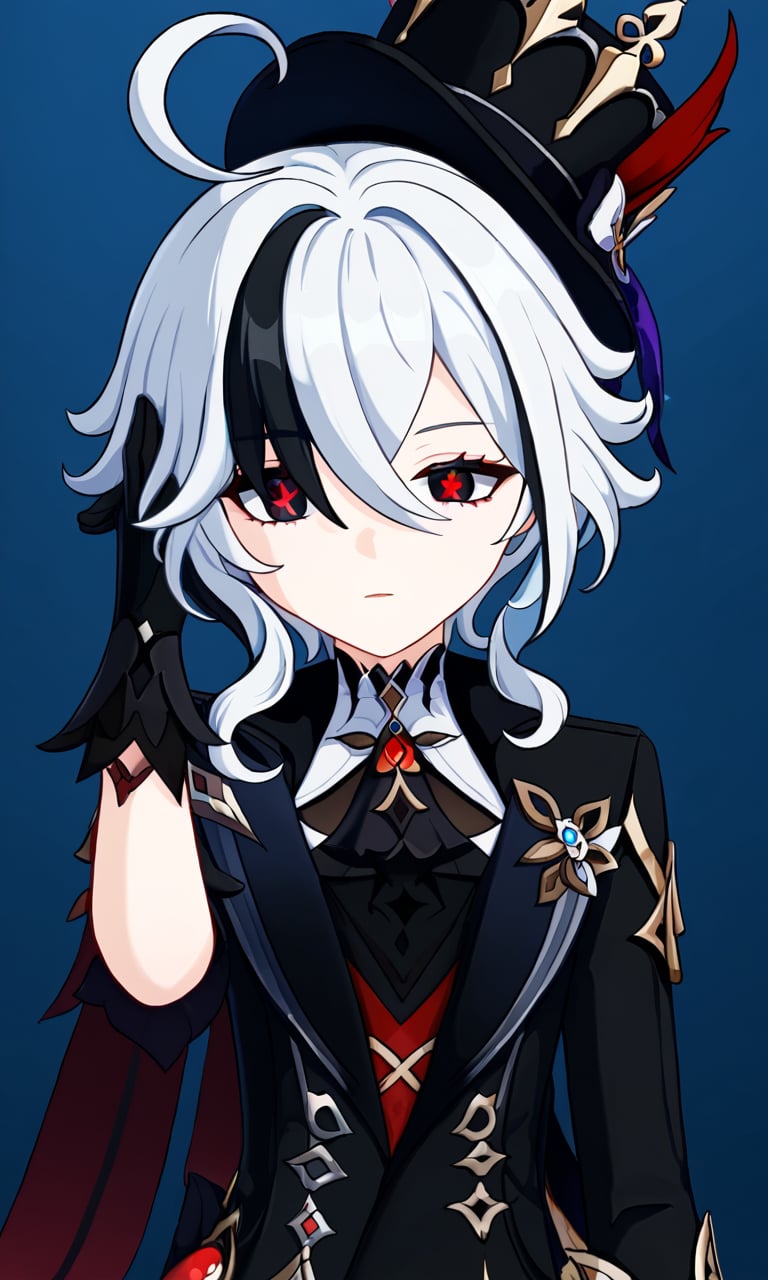 furina \(genshin impact\),black eyes,black  hair, cowlick,ahoge,hair over one eye,light  ,short hair,asymmetrical gloves,black Globes, solo, 1girl,black gloves,white hair,x-shapped pupils, black eyes with red x-shaped pupils, black hat, black clothes, red details