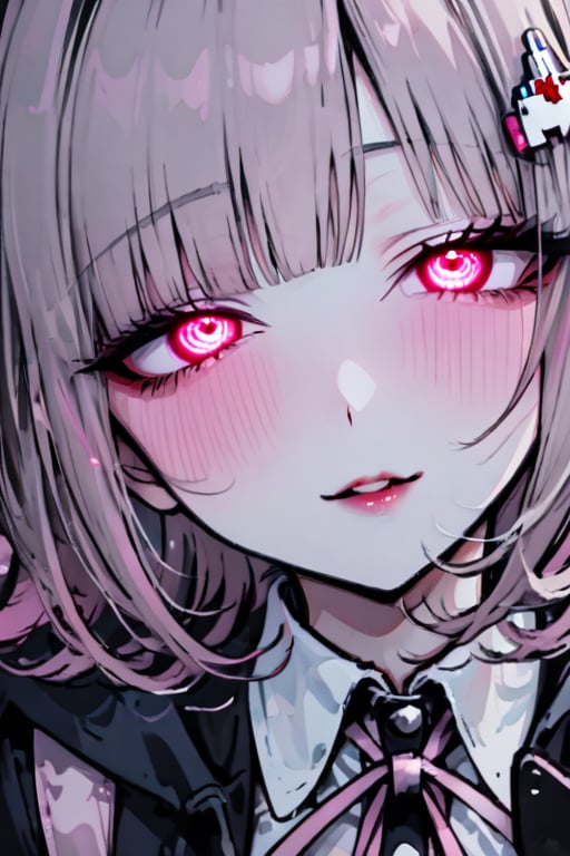  pink eyes, pink hair, spaceship hair ornament, HAIRCLIP, yandere smile,  HAIRCLIP hairclip,nanami chiaki,yandere makeup, (love blush:1.5),glowing-eyes,half-closed eyes