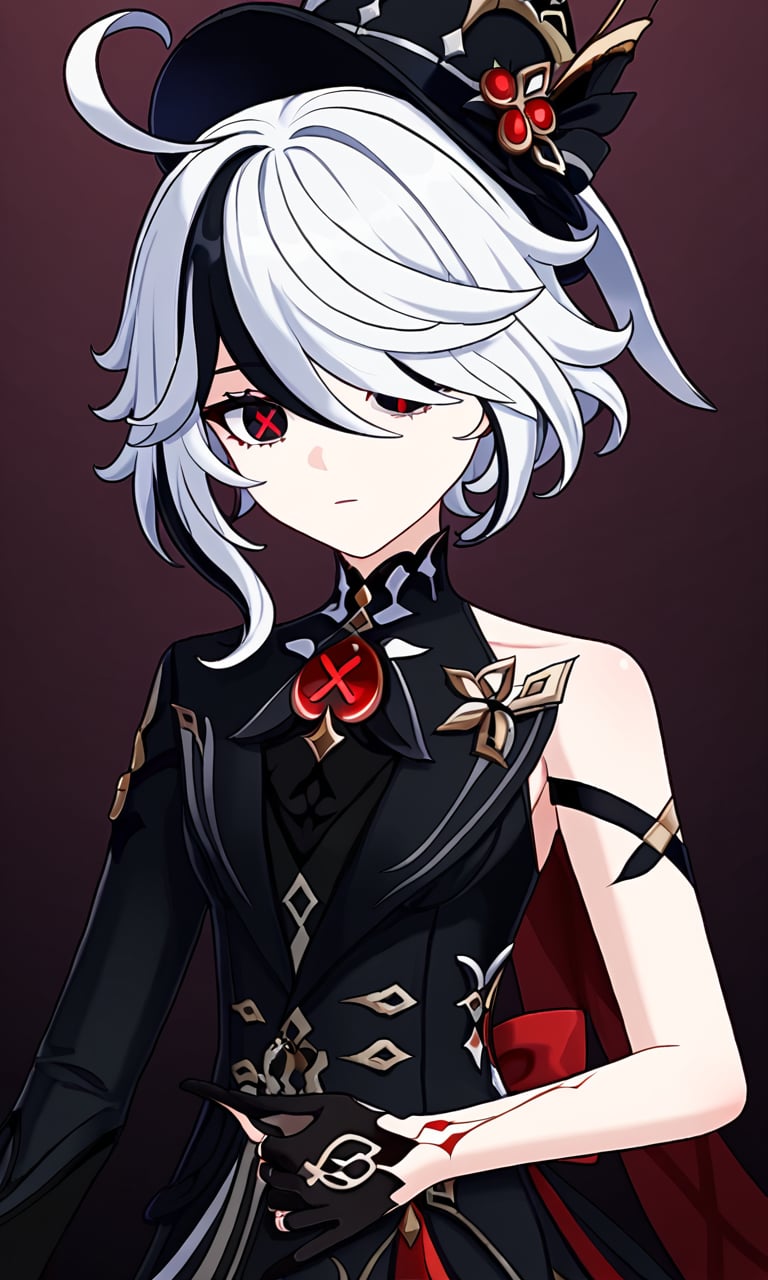 furina \(genshin impact\),black eyes,black  hair, cowlick,ahoge,hair over one eye,light  ,short hair,asymmetrical gloves,black Globes, solo, 1girl,black gloves,white hair,x-shapped pupils, black eyes with red x-shaped pupils, black hat, black clothes, red details