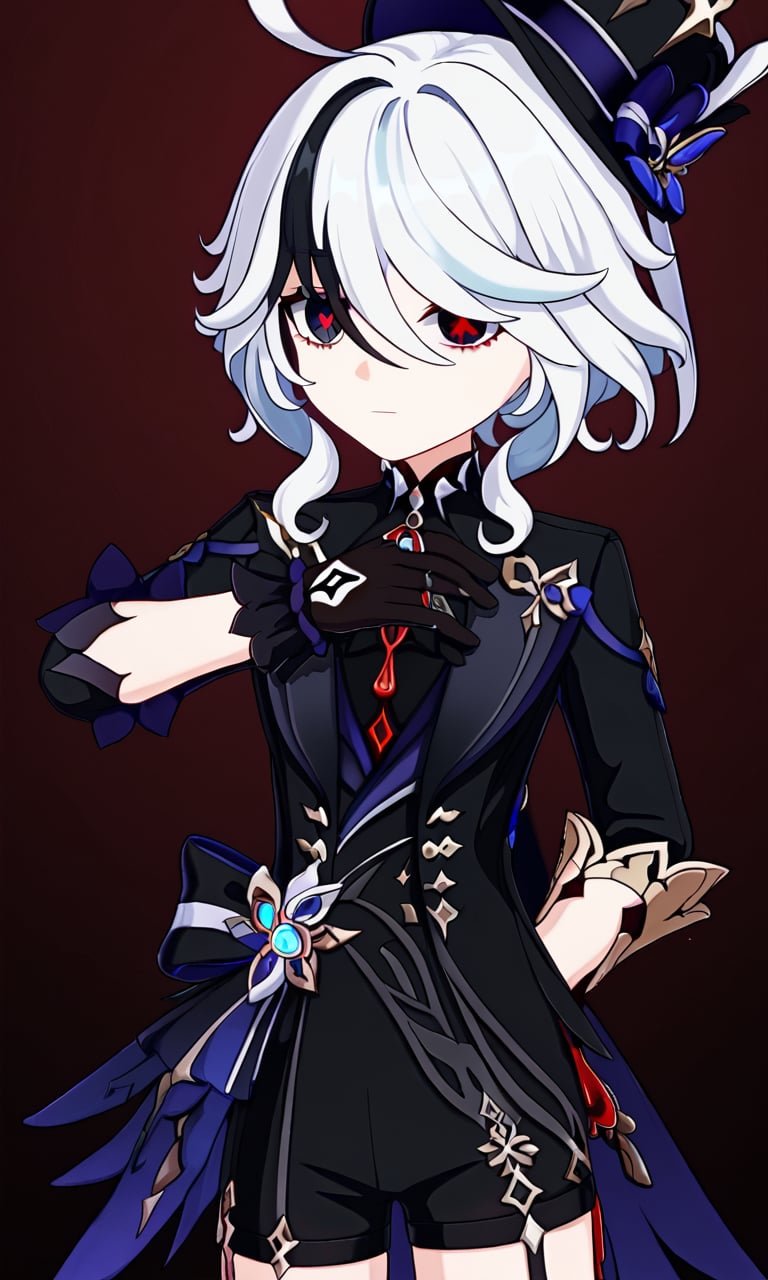 furina \(genshin impact\),black eyes,black  hair, cowlick,ahoge,hair over one eye,light  ,short hair,asymmetrical gloves,black Globes, solo, 1girl,black gloves,white hair,x-shapped pupils, black eyes with red x-shaped pupils, black hat, black clothes, red details