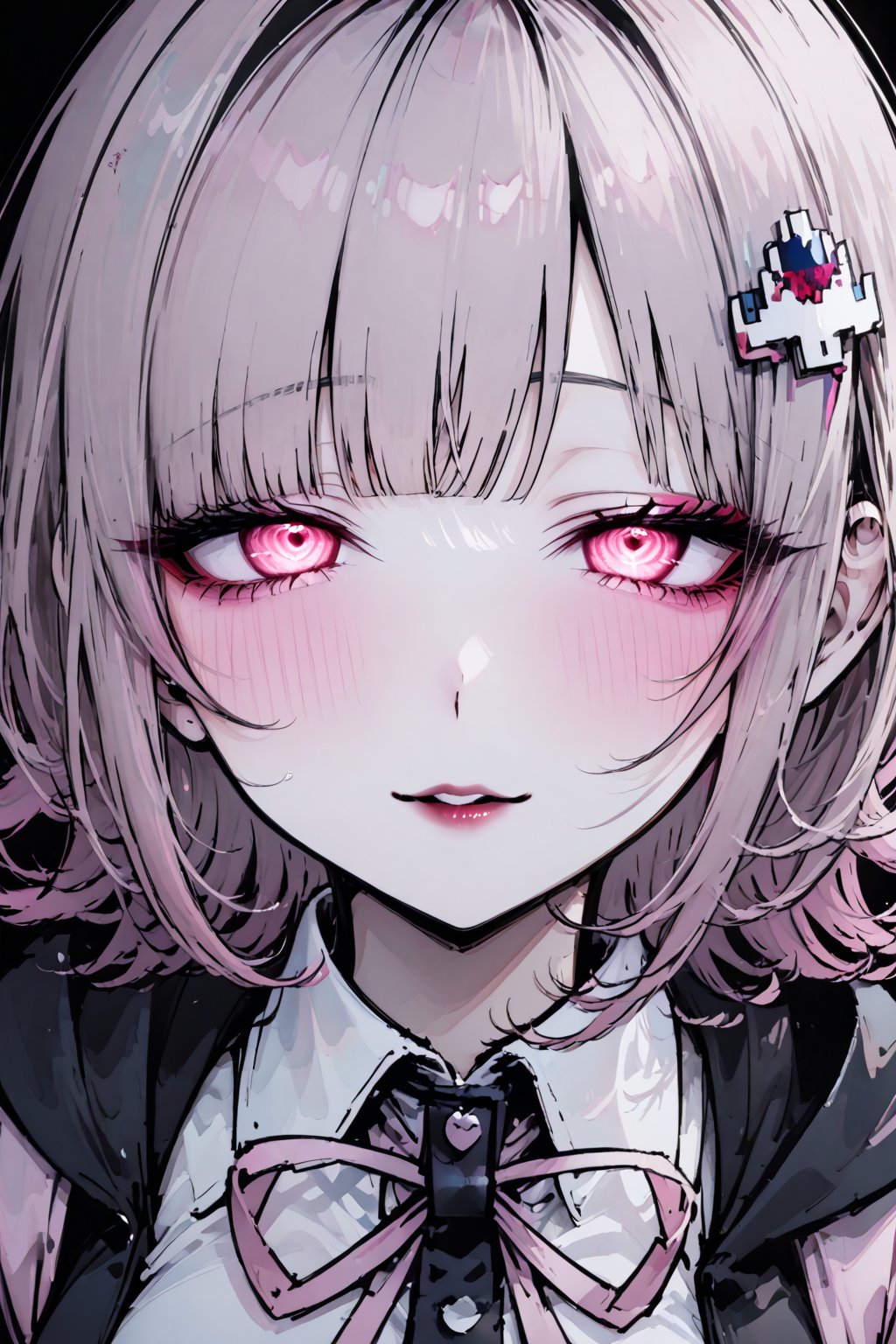  pink eyes, pink hair, spaceship hair ornament, HAIRCLIP, yandere smile,  HAIRCLIP hairclip,nanami chiaki,yandere makeup, (love blush:1.5),glowing-eyes,half-closed eyes