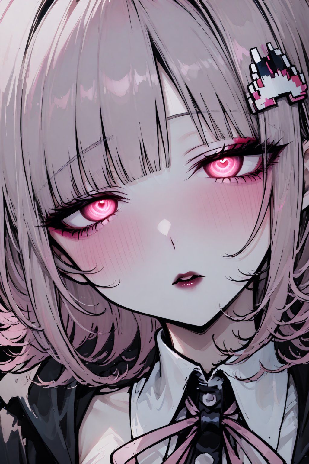  pink eyes, pink hair, spaceship hair ornament, HAIRCLIP, ,  HAIRCLIP hairclip,nanami chiaki,yandere makeup, (love blush:1.5),glowing-eyes,half-closed eyes, pupils of heart, gaze of obsession,