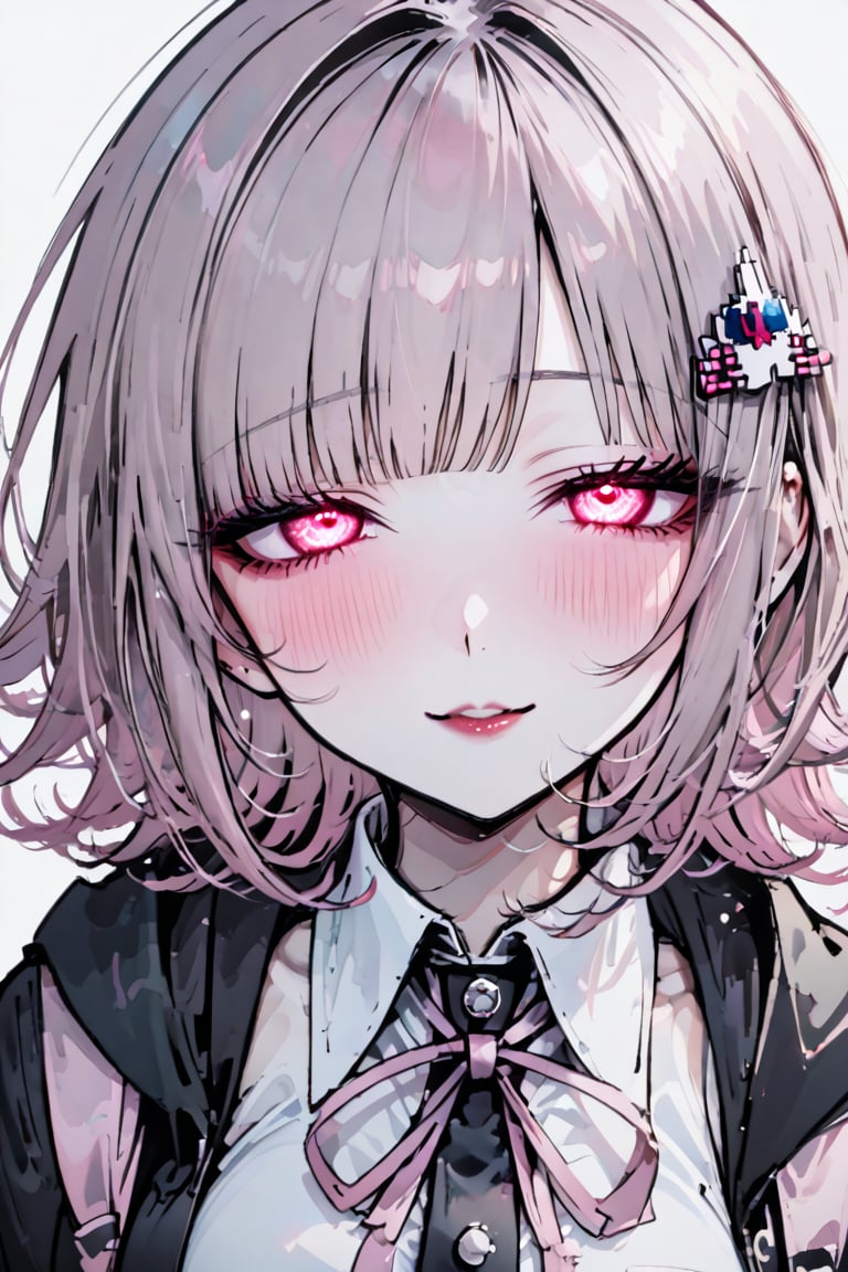  pink eyes, pink hair, spaceship hair ornament, HAIRCLIP, yandere smile,  HAIRCLIP hairclip,nanami chiaki,yandere makeup, (love blush:1.5),glowing-eyes,half-closed eyes