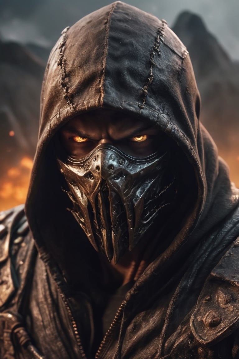 very big muscular warrior with pale white eyes with monsters mask and a brown leather  hoody as scorpion in mortalkombat  portrait, fire eyes like lazer, leading, closeup, night, in front of post Apocalyptic waste land, dark outfit, Detailed, with light reflection, Storming ، movie, battle, many particles, hyper-realistic, award-winning, 8k