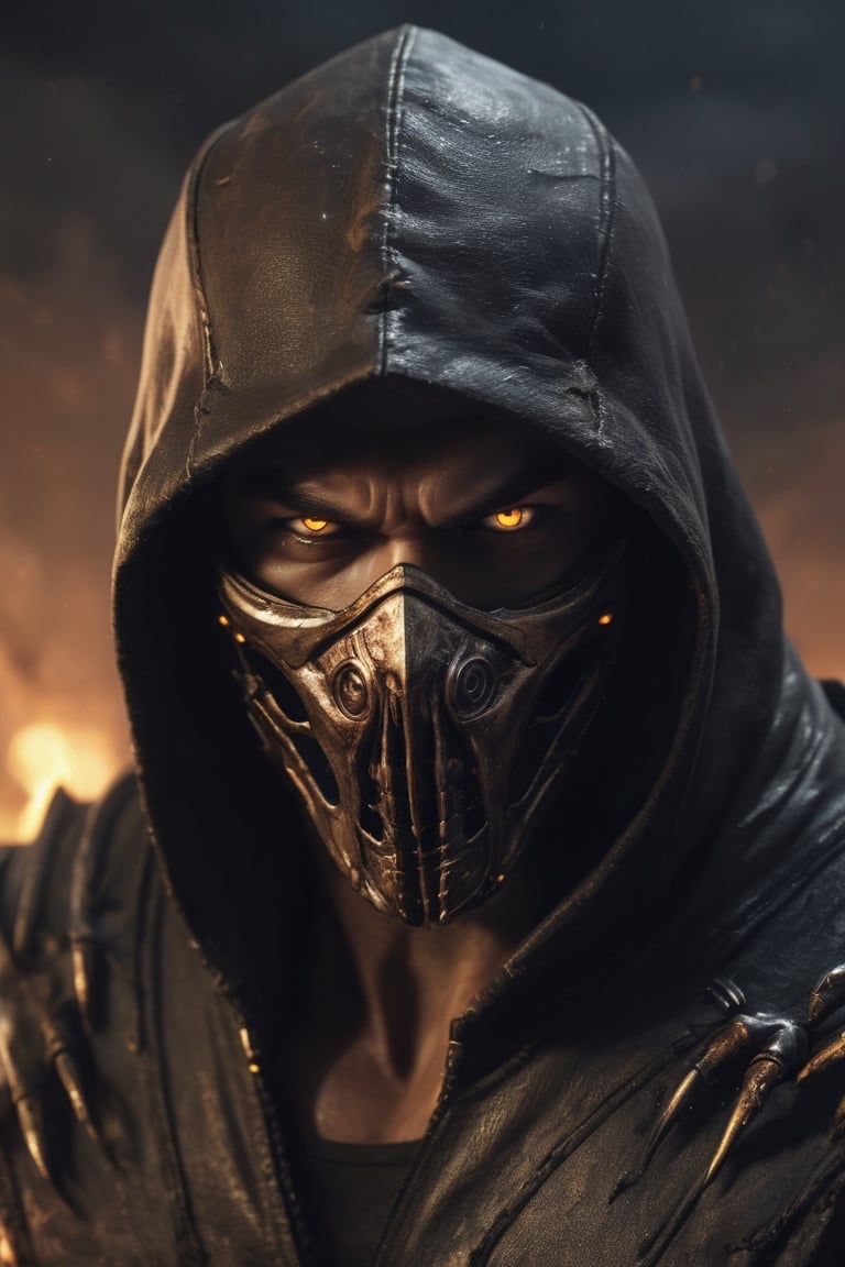 very big muscular warrior with pale white eyes with monsters mask and a leather  hoody as scorpion in mortalkombat, fire eyes like lazer, leading, closeup, night, in front of post Apocalyptic waste land, dark outfit, Detailed, with light reflection, Storming ، movie, battle, many particles, hyper-realistic, award-winning, 8k