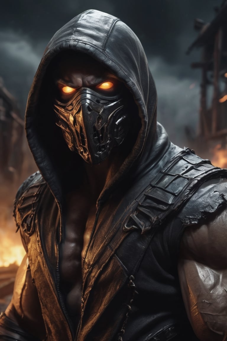 very big muscular warrior with pale white eyes with monsters mask and a leather  hoody as scorpion in mortalkombat, fire eyes like lazer, leading, closeup, night, in front of post Apocalyptic waste land, dark outfit, Detailed, with light reflection, Storming ، movie, battle, many particles, hyper-realistic, award-winning, 8k