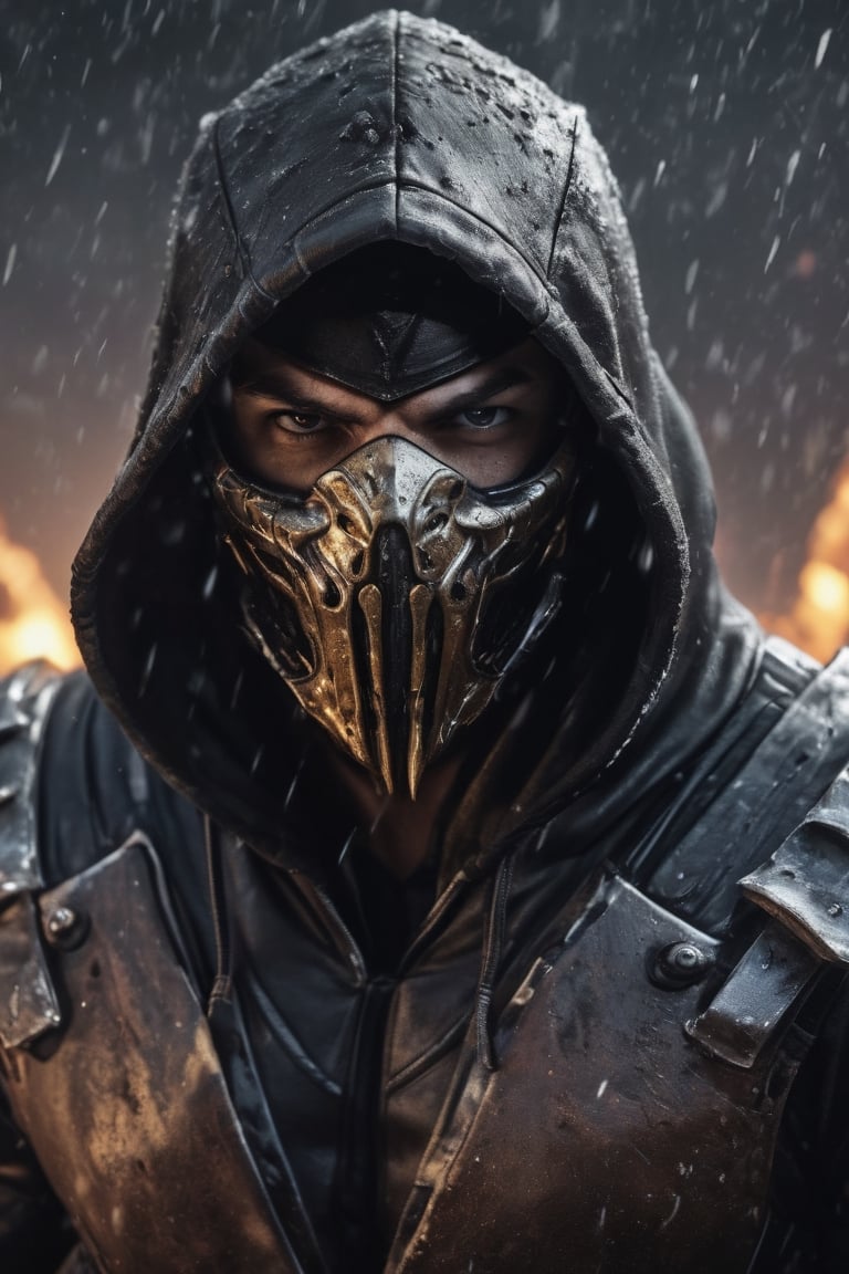 A Portrait of a very big muscular warrior with dark metallic monsters mask and a black leather  hoody as scorpion in mortalkombat  portrait, brown leather armor, snowing, leading, closeup, night, in front of post Apocalyptic waste land, dark outfit, Detailed, with light reflection, Storming ، movie, battle, many particles, hyper-realistic, award-winning, 8k