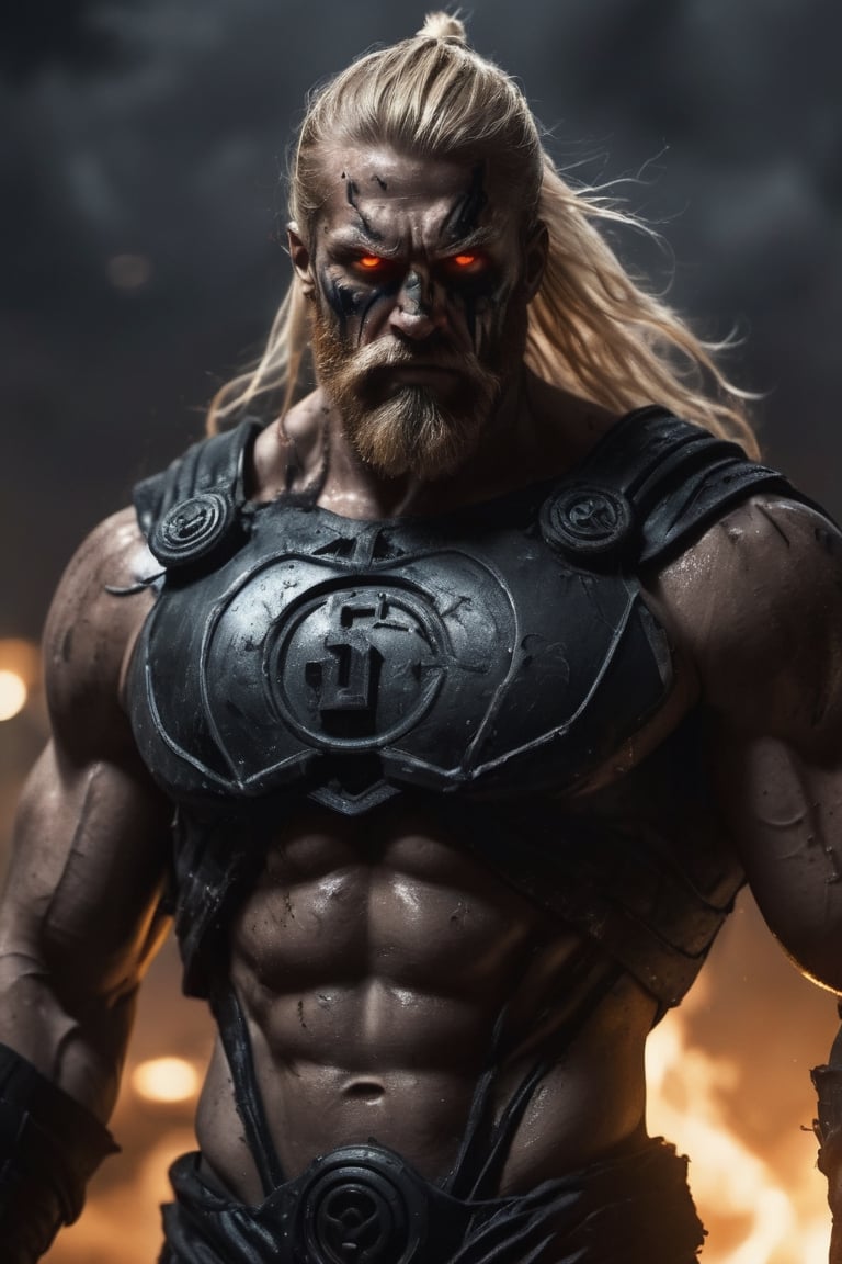 very Long blond beard and big handsome very muscular warrior as black lantern, fire eyes like lazer, leading, closeup, night, in front of post Apocalyptic waste land, dark outfit, Detailed, with many light reflection, Storming ، movie, battle, many particles, hyper-realistic, award-winning, 8k