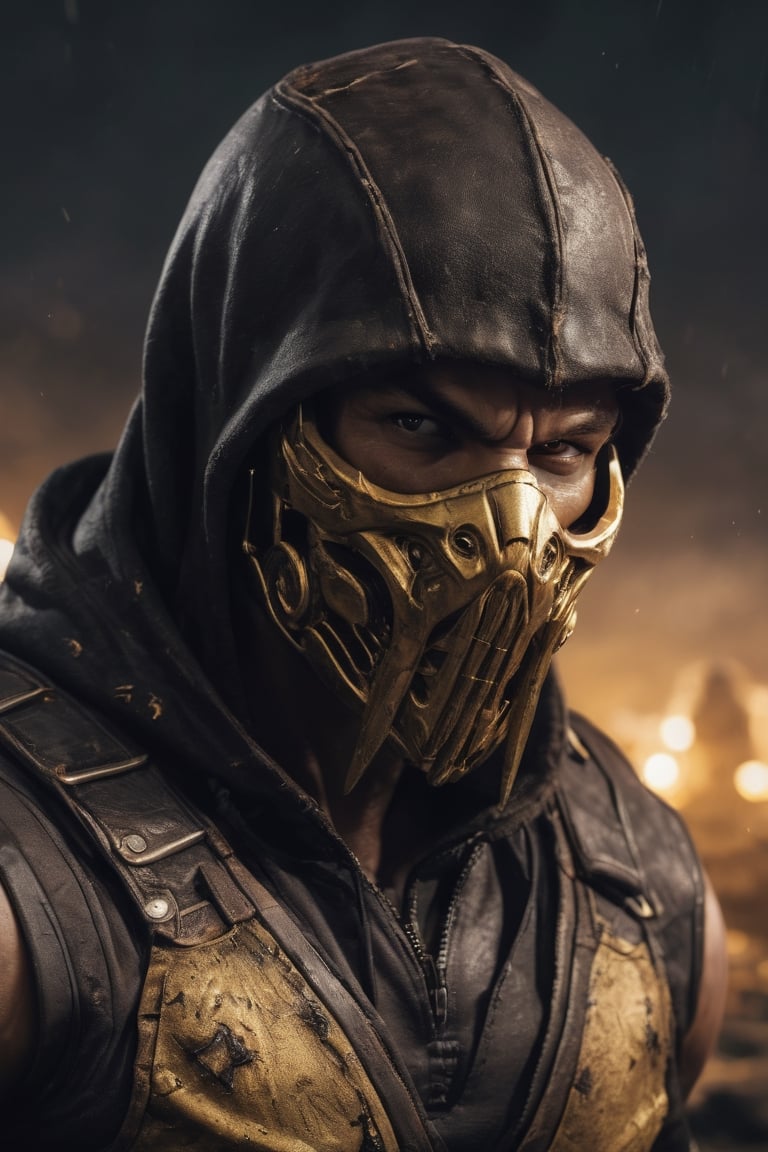 very big muscular warrior with dark golden monsters mask and a brown leather  hoody as scorpion in mortalkombat  portrait, leading, closeup, night, in front of post Apocalyptic waste land, dark outfit, Detailed, with light reflection, Storming ، movie, battle, many particles, hyper-realistic, award-winning, 8k