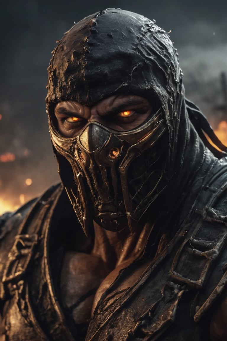 big very muscular warrior with pale white eyes as scorpion in mortalkombat, fire eyes like lazer, leading, closeup, night, in front of post Apocalyptic waste land, dark outfit, Detailed, with light reflection, Storming ، movie, battle, many particles, hyper-realistic, award-winning, 8k