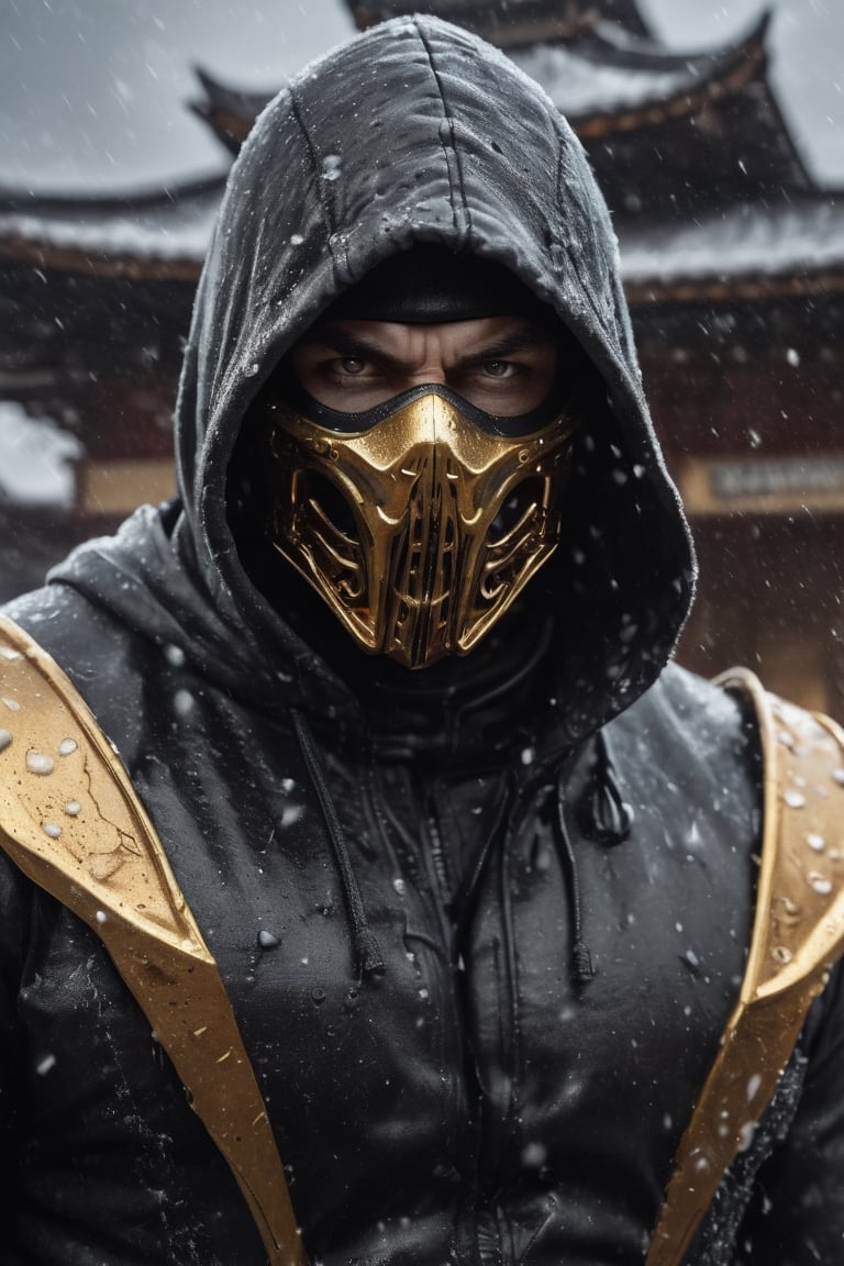 Portrait of a very big muscular warrior with dark golden metallic monsters mask and a black leather  hoody as scorpion in mortalkombat, face  portrait, stormy  weather, brown leather armor, snowing, leading, closeup, night, in front of post Apocalyptic japaness palace, dark outfit, Detailed, with light reflection, Storming ، movie, battle, many particles, hyper-realistic, award-winning, 8k
