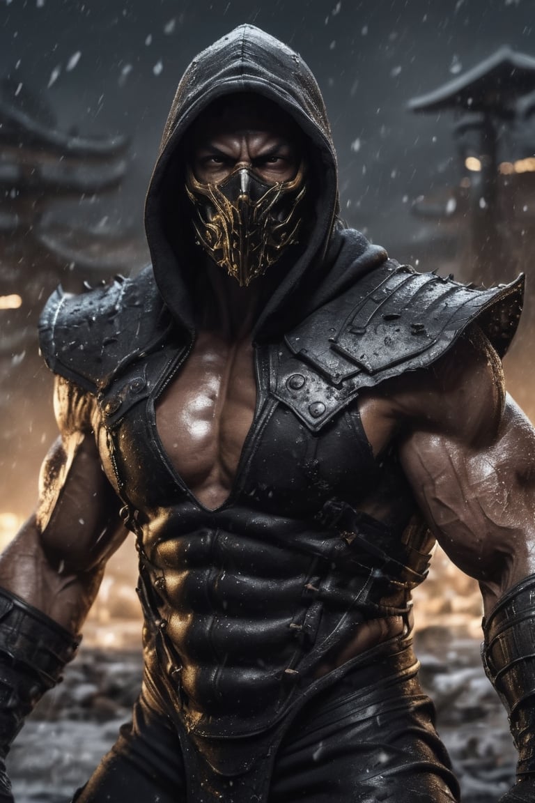 A Portrait of a very big muscular warrior with dark metallic monsters mask and a black leather  hoody as scorpion in mortalkombat  portrait, brown leather armor, snowing, leading, closeup, night, in front of post Apocalyptic waste land, dark outfit, Detailed, with light reflection, Storming ، movie, battle, many particles, hyper-realistic, award-winning, 8k