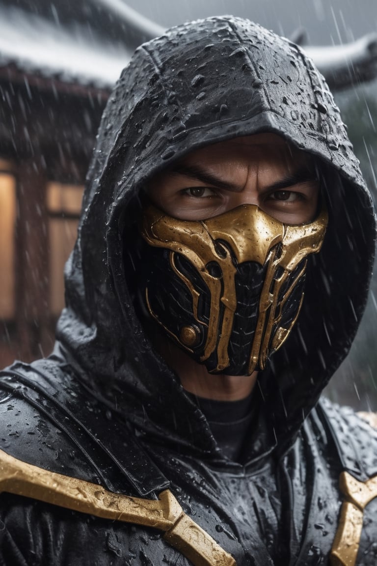 Portrait of a very big muscular warrior with dark golden metallic monsters mask and a black leather  hoody as scorpion in mortalkombat, very verywet rain, face  portrait, stormy  weather, brown leather armor, snowing, leading, closeup, night, in front of post Apocalyptic japaness palace, dark outfit, Detailed, with light reflection, Storming ، movie, battle, many particles, hyper-realistic, award-winning, 8k