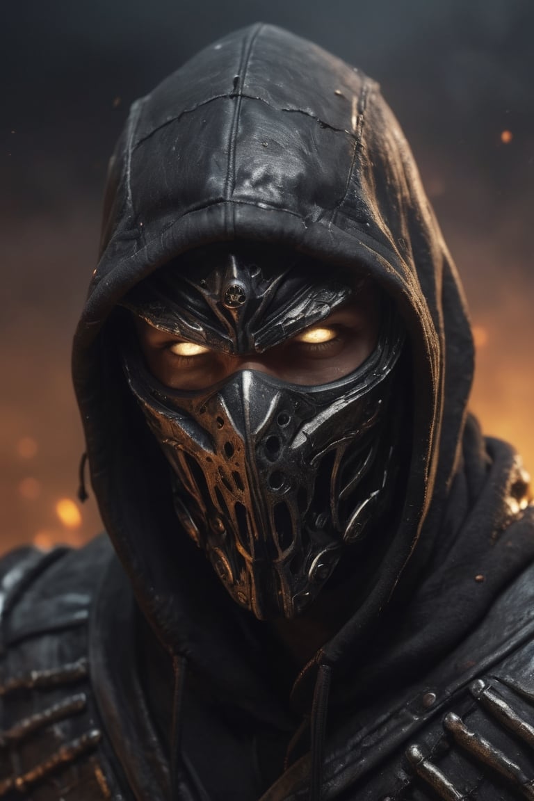 very big muscular warrior with pale white eyes with monsters mask and a leather  hoody as scorpion in mortalkombat, fire eyes like lazer, leading, closeup, night, in front of post Apocalyptic waste land, dark outfit, Detailed, with light reflection, Storming ، movie, battle, many particles, hyper-realistic, award-winning, 8k