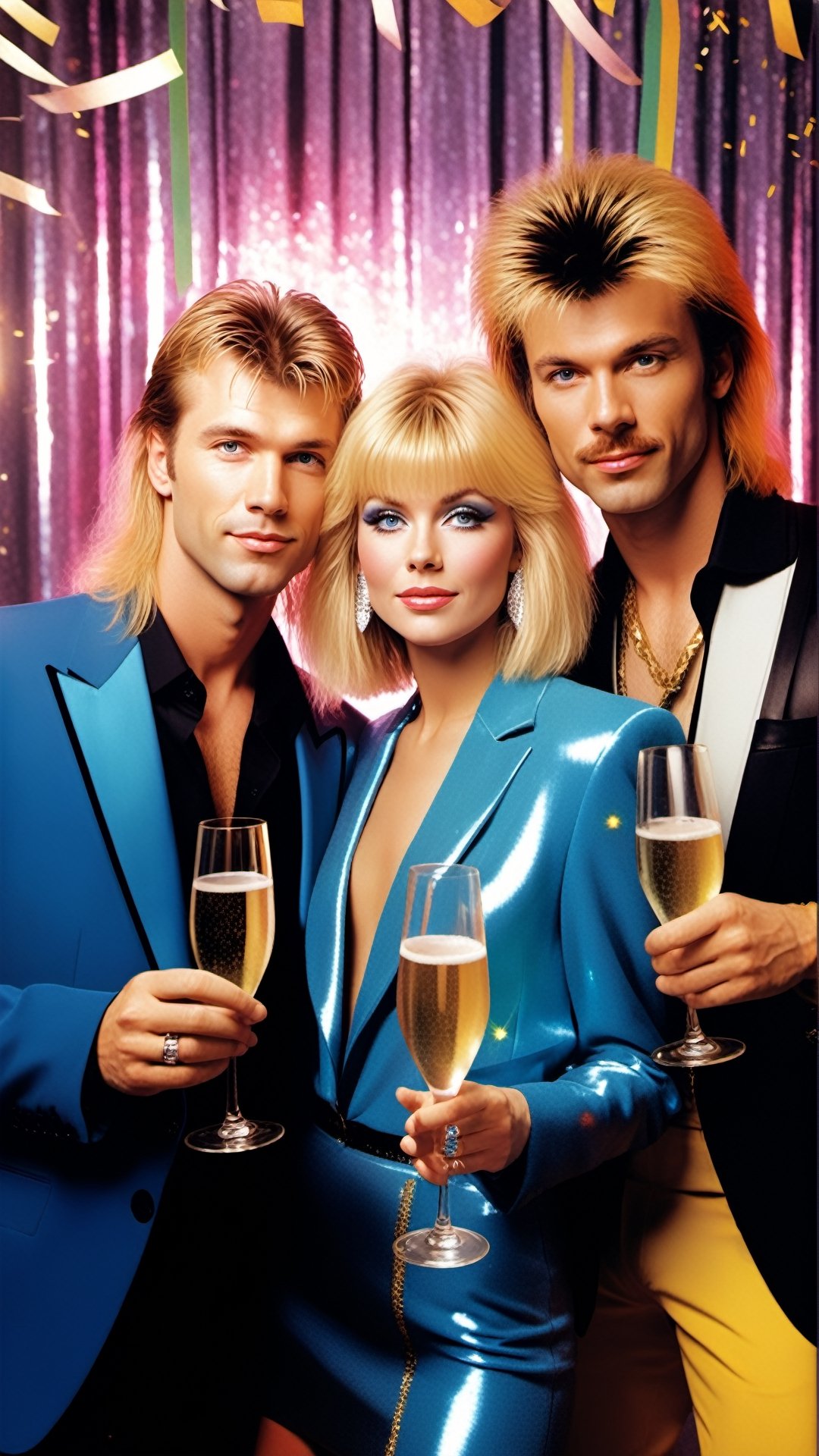 2 men, 1girl,  full body, all with blond hair, blue eyes, 2 men in mullet hairstyle , the woman in shaggy bob , ultra realistic, high_res, prism light, 80s punk rock fashion, formal posing, warm tone, detailmaster2,Vogue, New years celebration in background. holding champagne glass. confetti, 