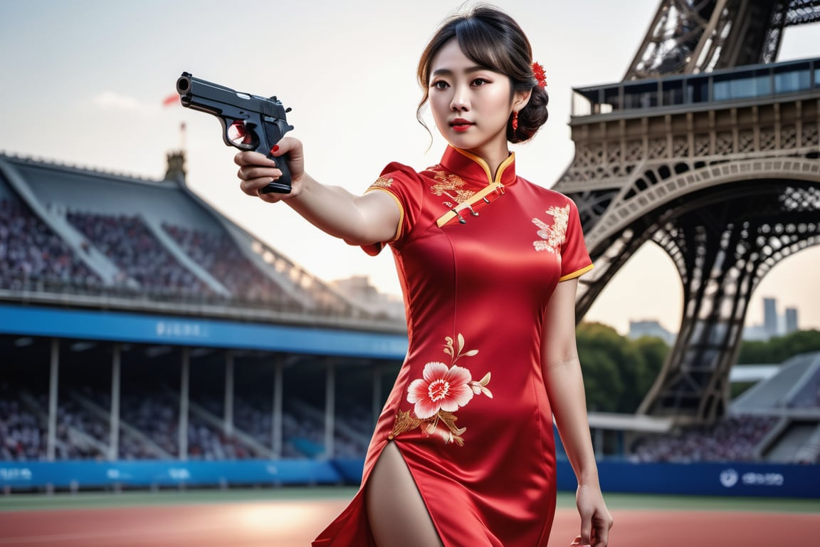 ultra realistic, high_res, prism light, detailmaster2, conceptual photography, masterpiece, ultra detailed, Paris Olympic games background, hyper detailed, ultra realistic, photo r3al, correct_anatomy, female chinese, wearing red Cheongsam, sports pistol competition,
