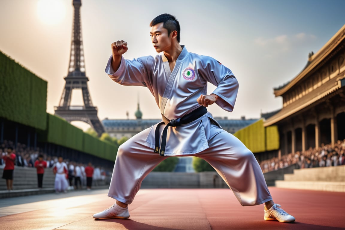 ultra realistic, high_res, prism light, detailmaster2, conceptual photography, masterpiece, ultra detailed, Paris Olympic games background, hyper detailed, ultra realistic, photo r3al, correct_anatomy,  Asian Kungfu master