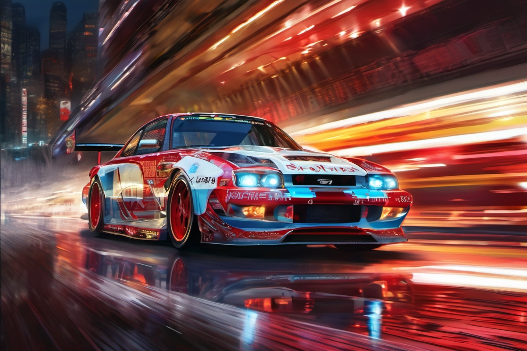 red and white race car,  high speed,  night,  freeway, 

colorful,  ultra highly detailed,  32 k,  Fantastic Realism complex background,  dynamic lighting,  lights,  digital painting,  intricated pose,  highly detailed intricated,  stunning,  textures,  iridescent and luminescent scales,  breathtaking beauty,  pure perfection,  divine presence,  unforgettable,  impressive,  volumetric light,  auras,  rays,  vivid colors reflects,  sf,  greg rutkowski

colorful,  ultra highly detailed,  32 k,  Japanese writing on car. head lights on.
