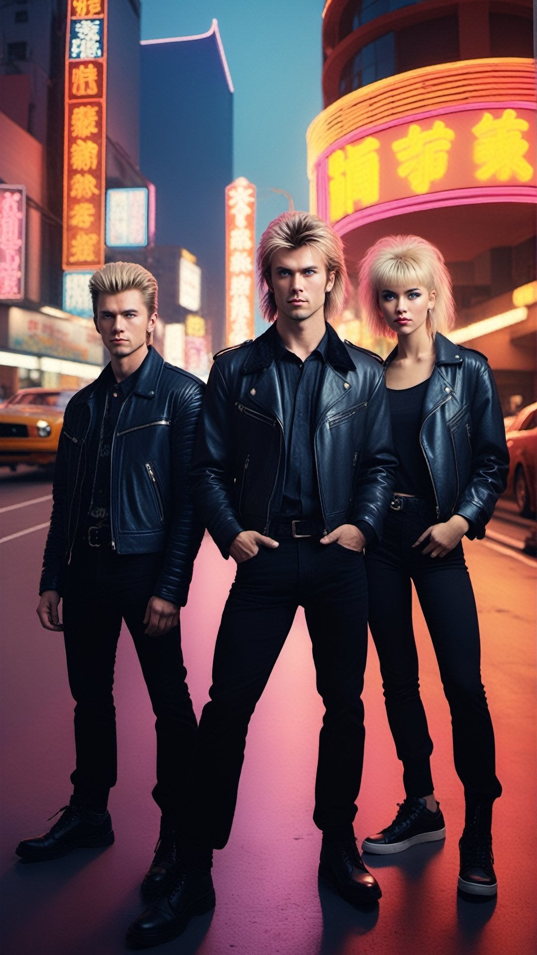 2 Caucasian men and 1 caucasian girl, blue eyes, full body,  blond hair,  1st Caucasian man in Punk hairstyle, 2nd man Caucasian in mullet hairstyle, the Caucasian girl in shaggy bob,  ultra realistic,  high_res,  prism light,  80s punk rock fashion,  formal posing,  warm tone, detailmaster2, mustang horse in background, Vogue,,, 

conceptual photography, masterpiece, ultra detailed, , in the heart of taipei, bathed in the vibrant hues of the city's neon lights, 
