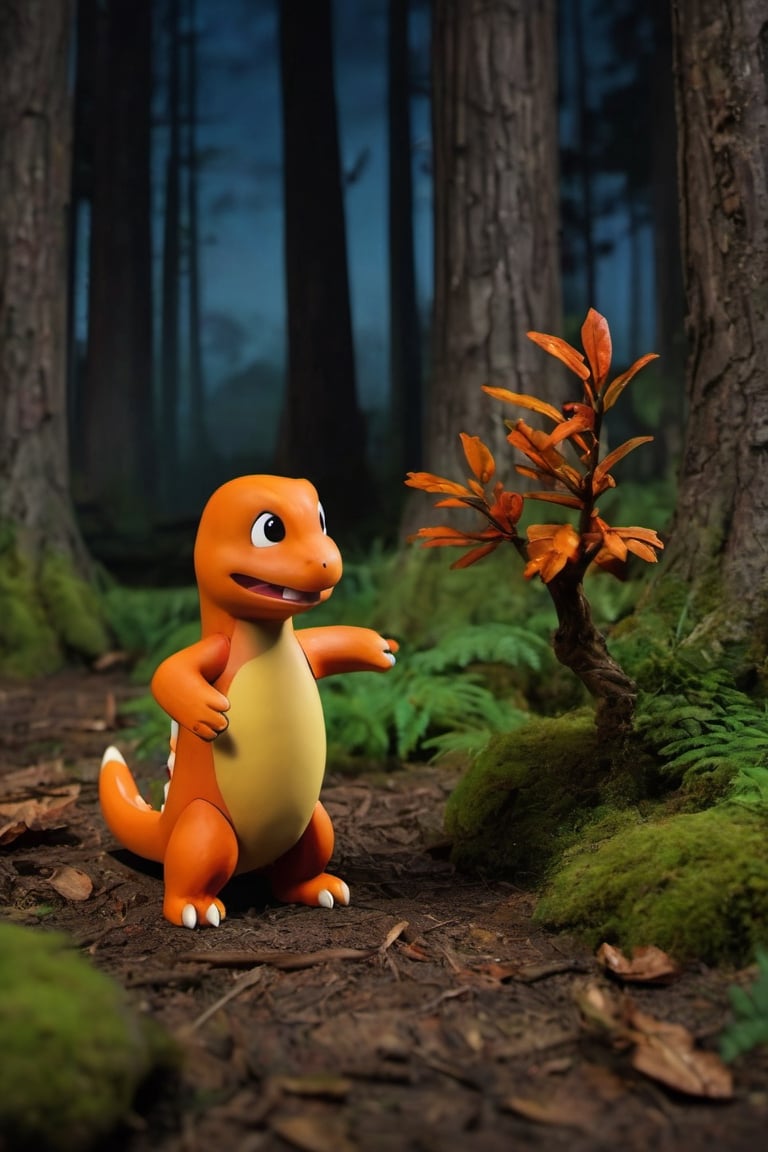 Standding,((best quality)),((highly detailed)), perfect anatomy, masterpiece,scenery,intricately detailed, hyperdetailed, blurry background, depth of field, best quality, masterpiece, intricate details, tonemapping, sharp focus, hyper detailed, high 1res, ((at night)),((in forest),Charmander , happy, short bright orange fur   , ,Charmander_Pokemon,claymation