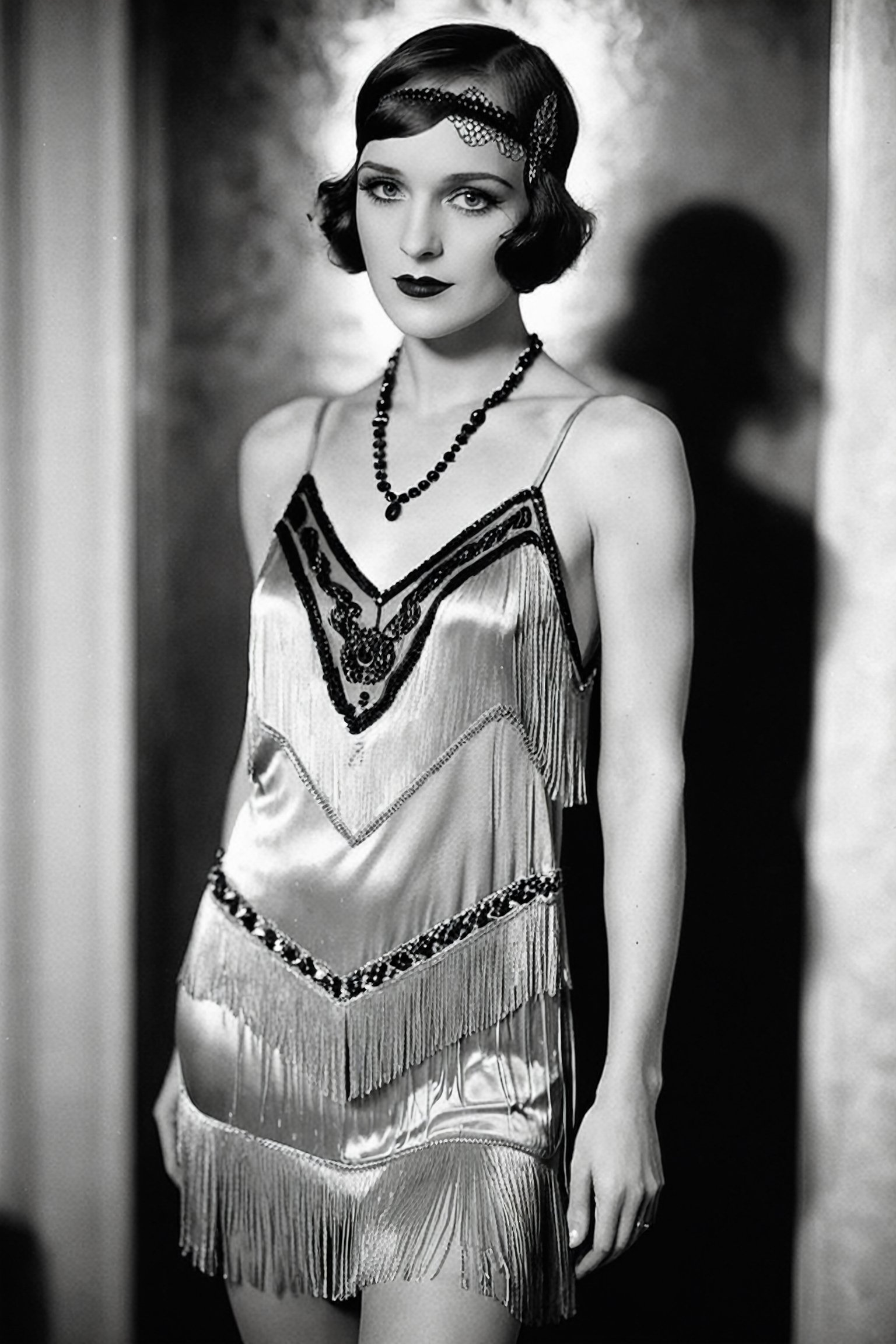 1920's {black and white} photograph of 30 year old woman , Flapper bob, smokey eyes  wearing Silk chemise with beaded fringe hem, drop waist, and scalloped lace trim , Jazz-age boudoir , Graflex Speed Graphic, 127mm f/4.5, 1/25s, ISO 100, Autochrome ,b/w, ((black and white photo)) , film grain