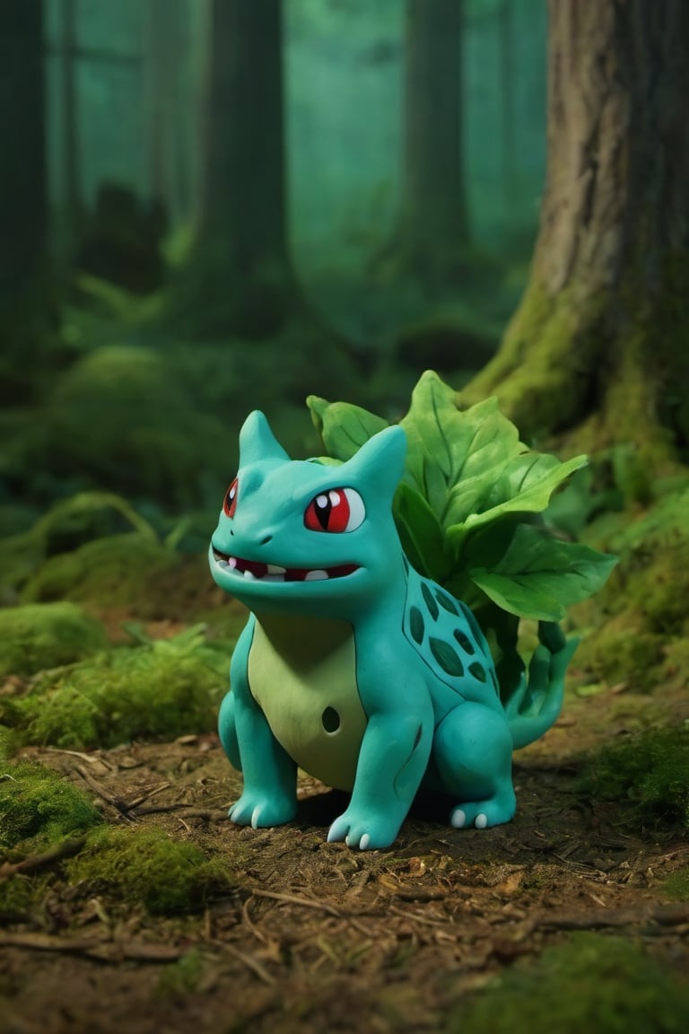 Standding,((best quality)),((highly detailed)), perfect anatomy, masterpiece,scenery,intricately detailed, hyperdetailed, blurry background, depth of field, best quality, masterpiece, intricate details, tonemapping, sharp focus, hyper detailed, high 1res, ((at night)),((in forest),Bulbasaur , happy,  sitting, ,Bulbasaur_Pokemon,claymation