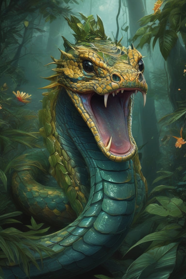 A majestic cobra with golden scales and a crown of emerald leaves stands tall in a dense jungle, surrounded by ancient trees and bioluminescent flowers. Its hood is marked with mystical symbols, and it radiates an aura of protective magic, as if it's the guardian of the forest.