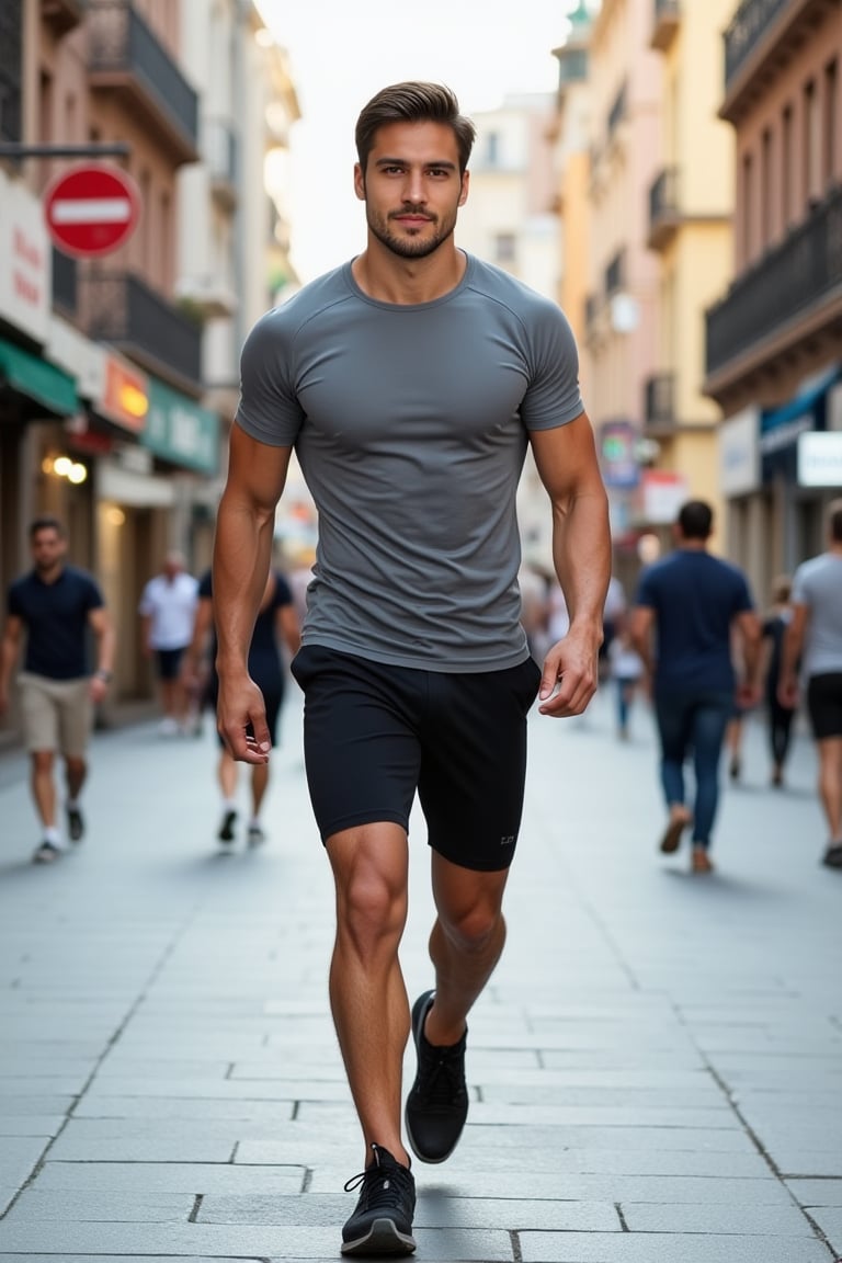 A handsome man in a grey lycra shirt, black gym shorts, and sneakers, walking down a bustling city street. The scene is captured mid-stride, with the man's confident posture and the dynamic motion of his legs. The lighting is natural, with the sun casting shadows on the pavement. The composition focuses on the man from the waist up, with the street and urban environment subtly visible in the background. Style reminiscent of Antoniliev's vibrant, energetic portraits.