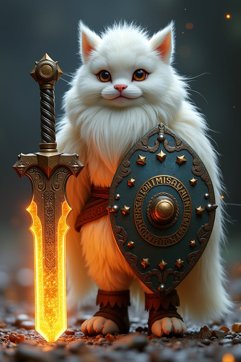 A White Mini Pom, with a massive, glowing mythical sword in one hand and an intricately designed shield in the other. The sword is engraved with ancient runes, radiating magical energy, the shield gleams with a magical aura.