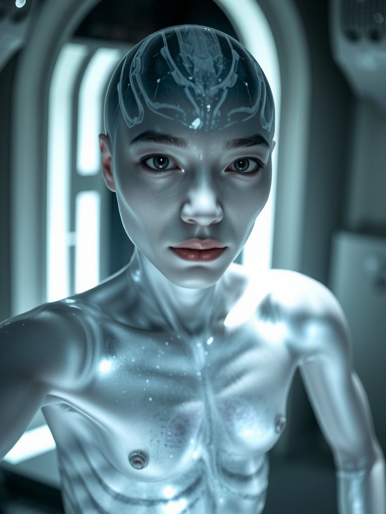 Translucent alien being, male humanoid form, sleek and elegant, body composed of glowing light and energy, soft radiant glow surrounding their form, skin thin and translucent, faint energy pulses within, floating gently, soft glowing patterns on skin, soft blues, silvers, and violets, futuristic environment filled with light and energy, soft light, atmospheric, high-key lighting, ARRI Alexa LF, ethereal, sleek, almost weightless.  wearing a loincloth.