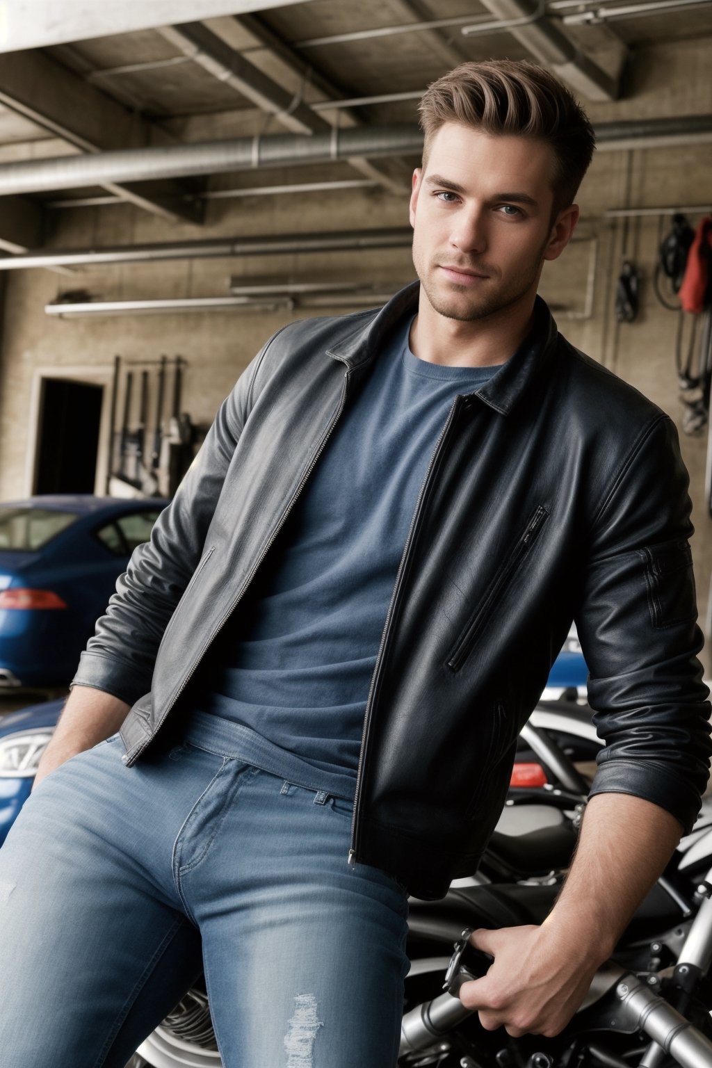 a realistic photograph of a handsome Germany Male spokesmodel, above the waist, fit, confident. 
 Leaning against a wall.  leather jacket, no shirt, bluejeans, sublte stubble, highest quality, mechanic garage background, bright lighting,bulge,<lora:659111690174031528:1.0>,<lora:659111690174031528:1.0>