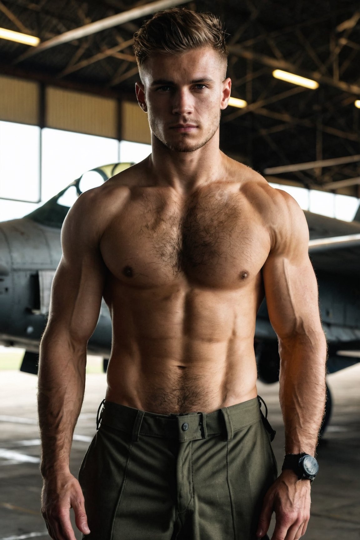 4k, half body photo of 25 y.o solider man posing in a hanger with old planes, shirtless, (hairy), natural skin, soft box light