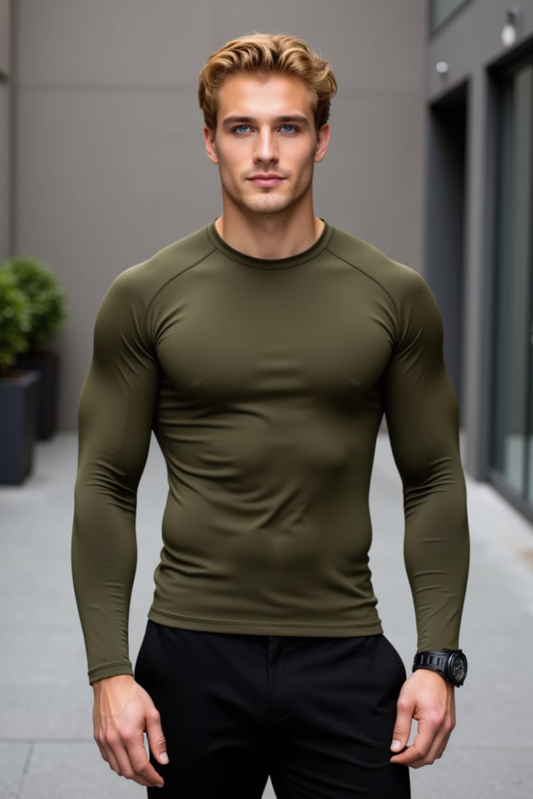 A handsome Irish man with red hair, average build, standing with arms by his sides. He wears an olive green lycra shirt and black pants. The scene is set in a contemporary urban setting, with a neutral background. Natural lighting highlights his features, and the composition centers on his composed stance.