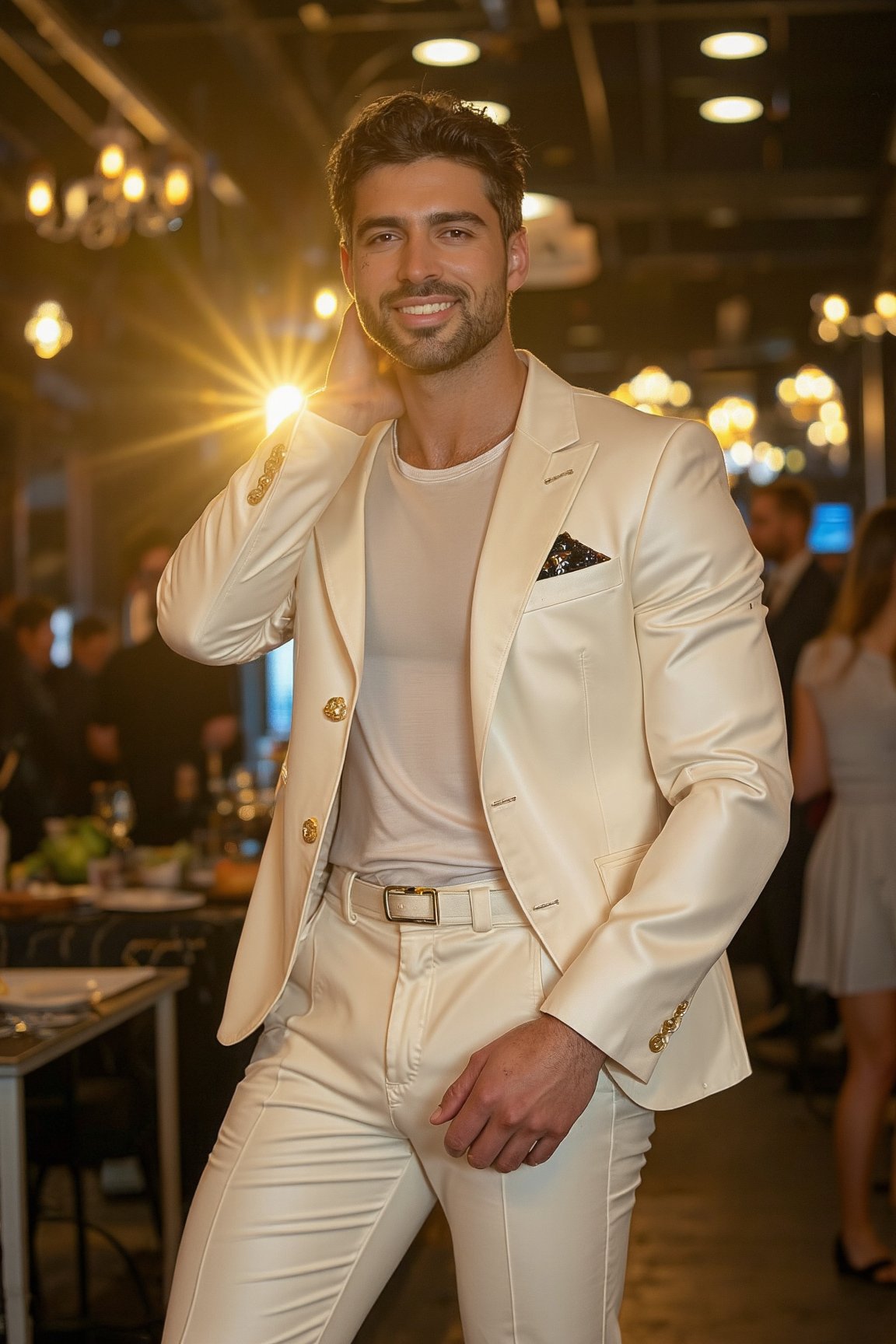 A lavish party setting with a darkened background and soft golden lighting, casting a warm glow on the joyful atmosphere. A stunning handsome man stands out, radiating confidence and charm, dressed to impress in a gleaming white suit that catches the eye. His bright smile and relaxed pose exude happiness, as he seems to be embracing the celebration's lively energy.