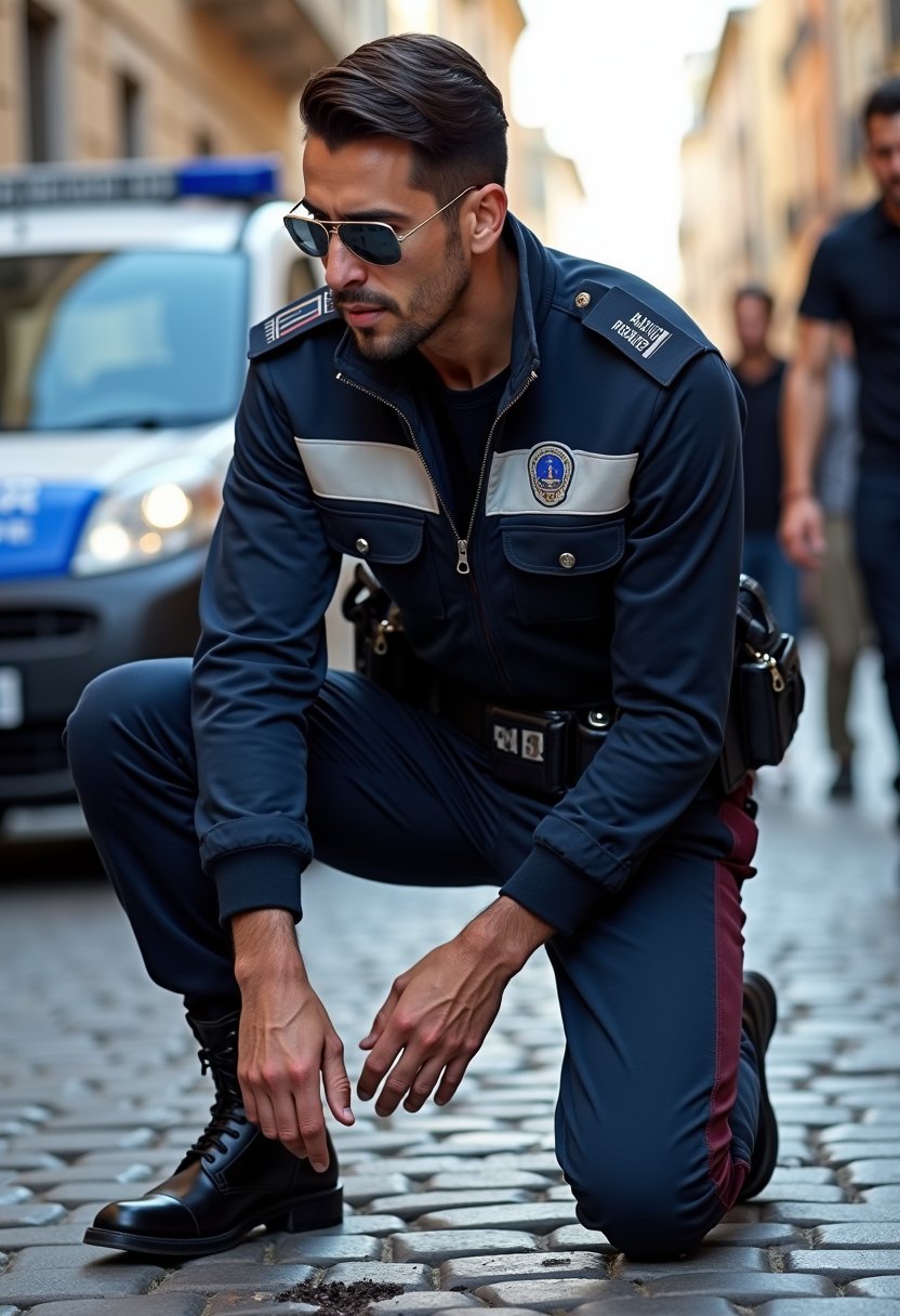 Luca Marino is a male in his early 30s, with short, neatly trimmed dark brown hair combed to the right. His skin tone is lightly tanned, giving him a Mediterranean complexion. Luca has a square jawline, high cheekbones, and a confident expression. His eyes are partially hidden by silver, aviator-style sunglasses that add to his commanding presence.

Luca has a muscular and athletic build, with broad shoulders and a well-defined chest that is emphasized by his uniform. He is dressed in an official police uniform, consisting of a navy blue jacket with two thick white reflective stripes running horizontally across his chest and upper arms. The jacket has a zipper partially open at the top, revealing a black undershirt underneath. The uniform includes a high collar, epaulettes on the shoulders, and a patch with the word "Polizia" embroidered on the chest.

Around his waist, Luca wears a wide, white utility belt with various pouches attached, likely for carrying tools or equipment. His pants are fitted and feature a dual color design: a darker blue running down the sides and a maroon stripe that runs vertically along the outer seams. The pants tuck neatly into polished, black, high-top boots that complete the look of a police officer ready for action.

Luca kneels down on one knee, inspecting something on the ground while one hand is placed firmly on the pavement for support. His sunglasses reflect the sky above as he studies the object with focused intensity. His utility belt shifts slightly as he moves, revealing the gear attached to it. The scene takes place on a cobblestone street with police vehicles and people standing nearby.