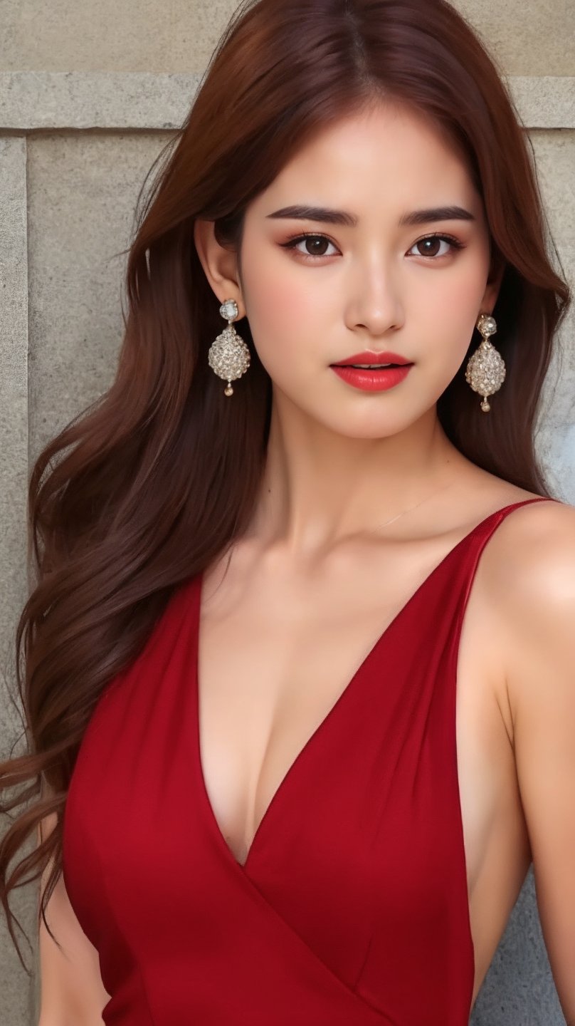 1girl, solo, long hair, brown hair, dress, jewelry, earrings, red dress, realistic