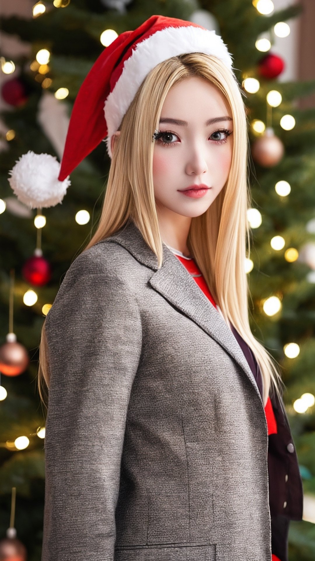 masterpiece,  best quality,  1girl,  solo,  gakuran,  christmas hat, christmas suit, long hair,  Naruto uzumaki,  long blonde hair,  spiked hair , n4rut0, facial mark,  forehead protector,  konohagakure symbol,izumi ran,transgirl