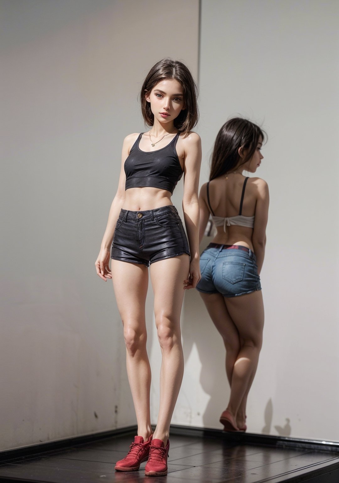 (masterpiece, best quality, ultra-detailed, ultrarealistic:1.4, scenary), (1 solo girl:1.2), (24 years old:1.4), (realistic face), (perfect anatomy:1.4) skinny girl, (full body:1.5), (tight skinny minishorts:1.5), (soft fabric red minishorts:1.5), Realism, (European Face:1.3), (complete standing pose:1.6), (long legs:1.6), (small necklace, collarbone:1.2), (natural abs:1.2), (soft fabric minitop:1.3), (tight black minitop:1.5)