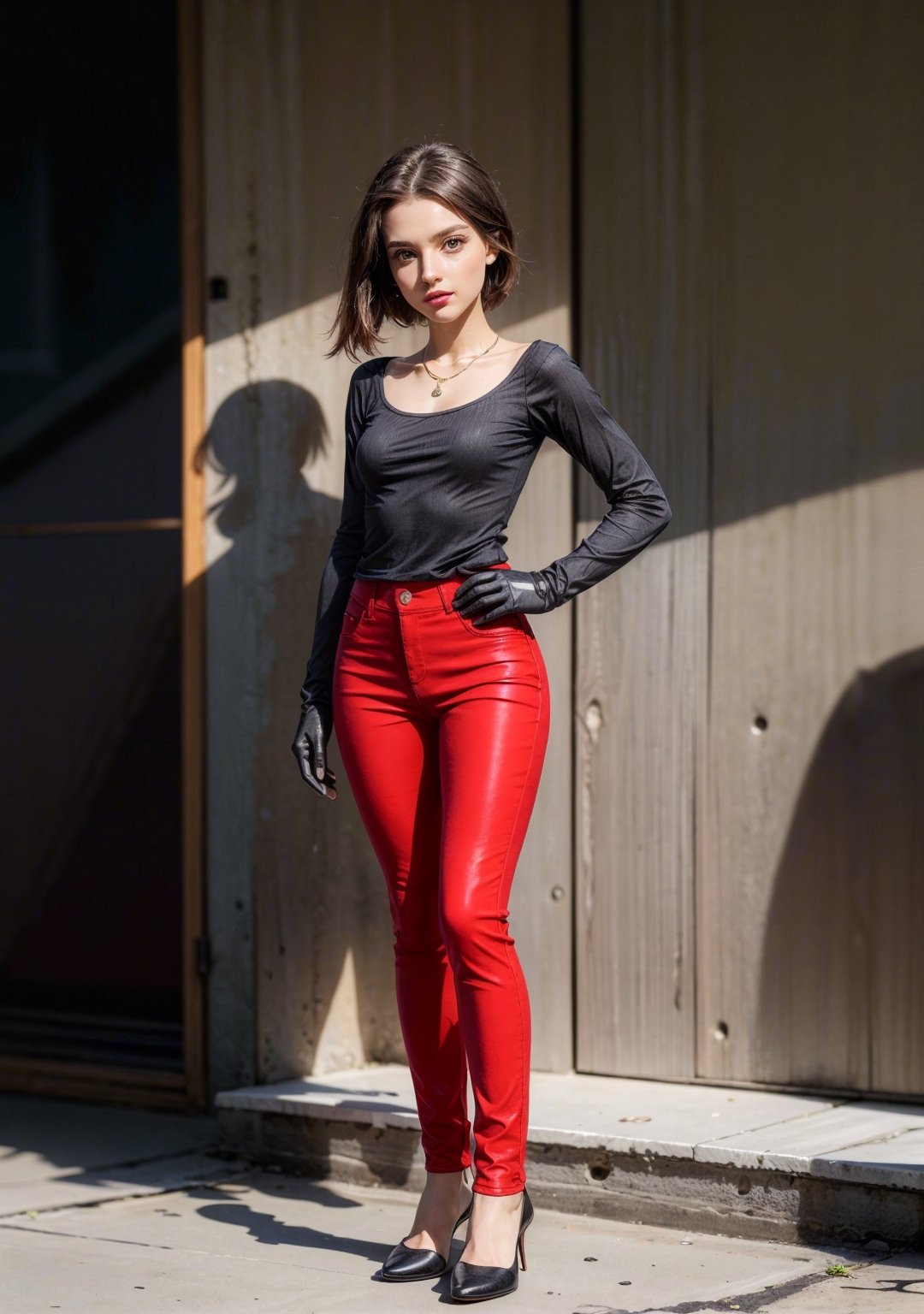 (masterpiece, best quality, ultra-detailed, ultrarealistic:1.4, scenary), (1 solo girl:1.2), (24 years old:1.4), (realistic face), (perfect anatomy:1.4) skinny teen, (full body:1.5), (tight red pants:1.5), (soft fabric pants:1.5), Realism, (European Face:1.3), (complete standing pose:1.6), (long legs:1.6), (small necklace, collarbone:1.2), (natural abs:1.2), (soft fabric minitop:1.4), (tight black minitop:1.4), (tight gloves), (tight black miniskirt:1.3)