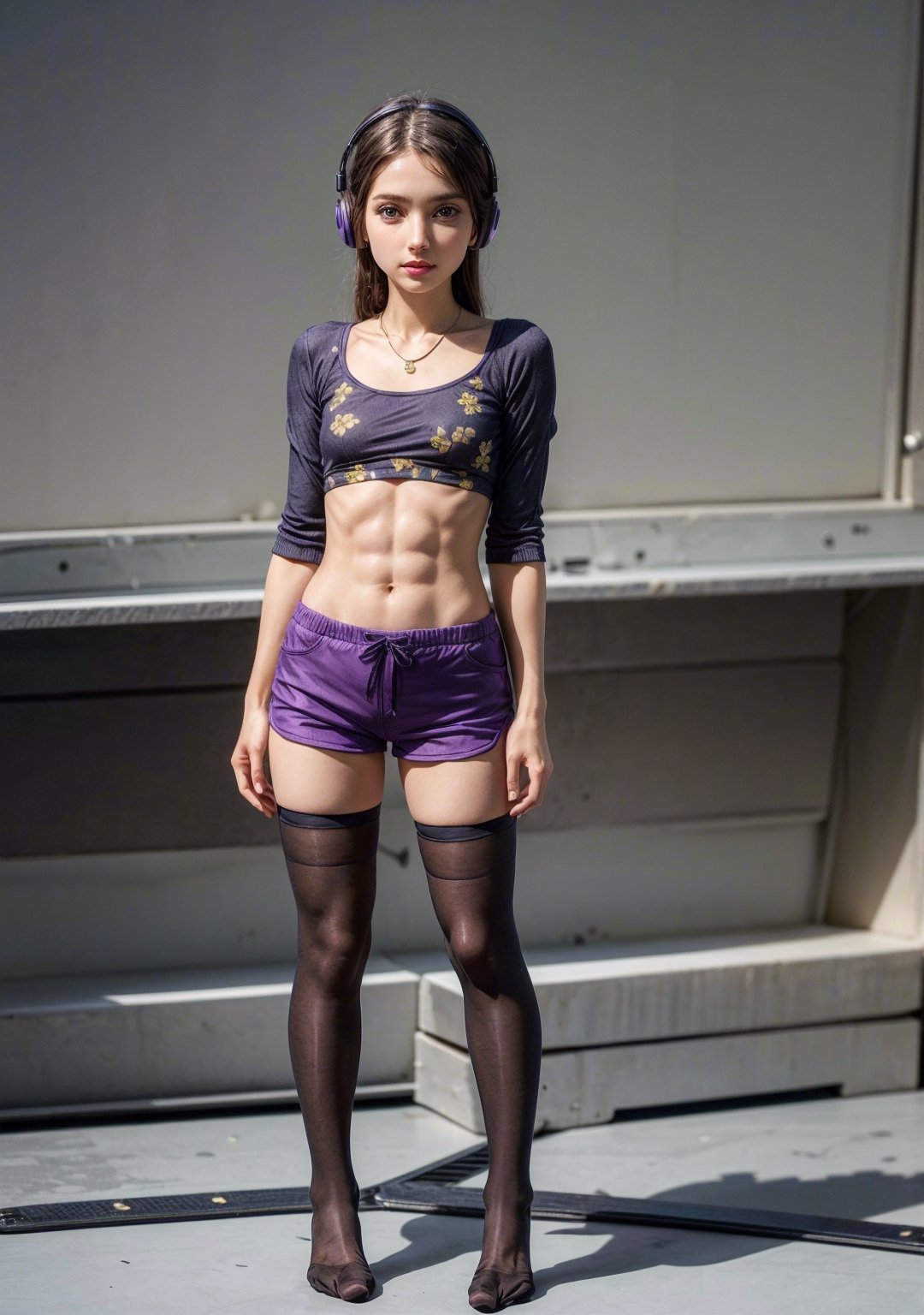 (masterpiece, best quality, ultra-detailed, ultrarealistic:1.4, scenary), (1 solo girl:1.2), (24 years old:1.4), black hair, tight_outfit, (realistic face), (perfect anatomy:1.4) skinny girl, (full body:1.5), (tight skinny tiny shorts:1.5), (soft fabric purple ultra tinyshorts:1.5), Realism, (European Face:1.3), (complete standing pose:1.6), (long legs:1.6), (small necklace, collarbone:1.2), (headphones), (natural abs:1.2), (soft fabric minitop:1.3), (tight minitop:1.5),  (tight black stockings:1.4)