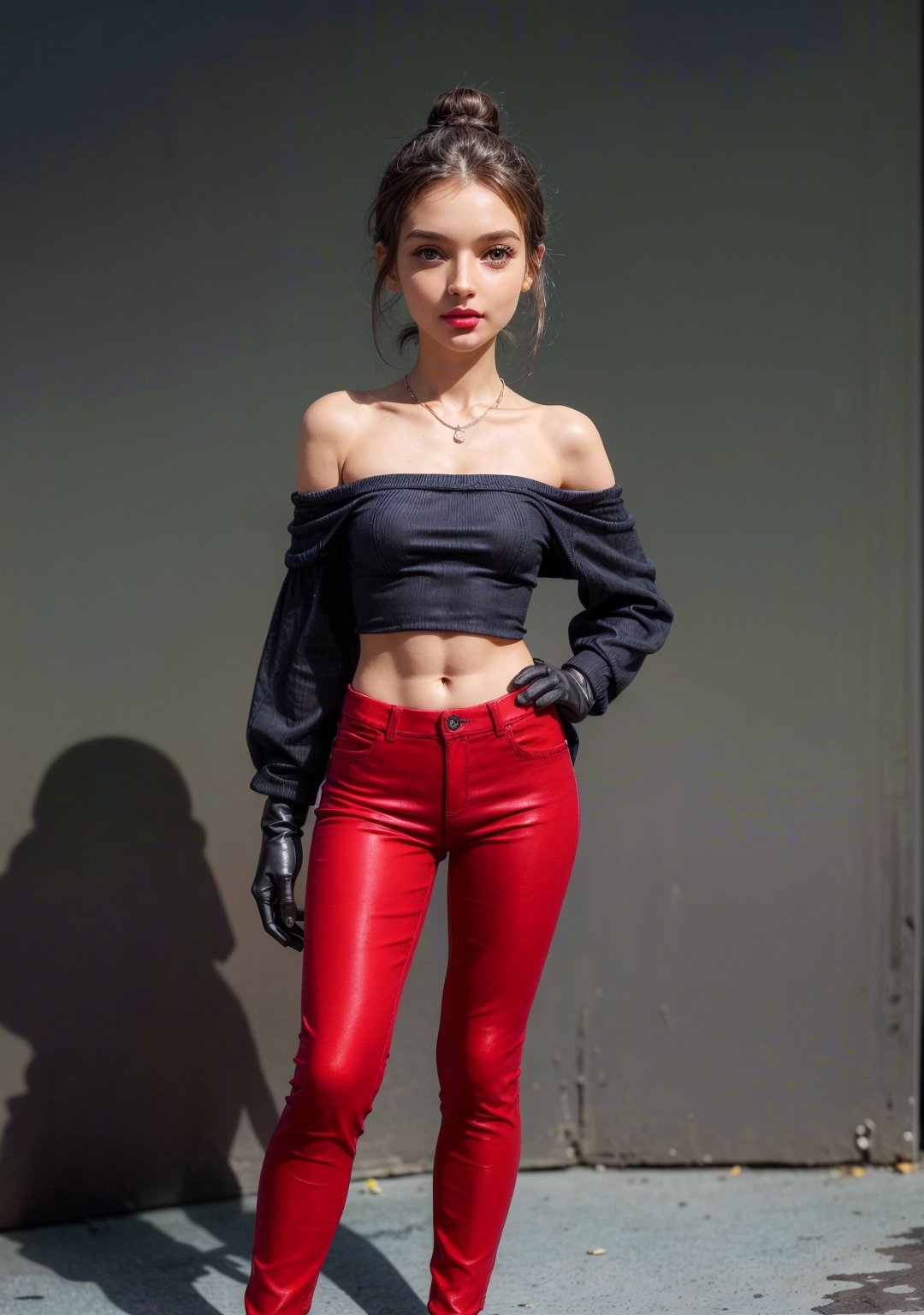 (masterpiece, best quality, ultra-detailed, ultrarealistic:1.4, scenary), (1 solo girl:1.2), (24 years old:1.4), (realistic face), (perfect anatomy:1.4) skinny teen, (full body:1.5), (tight red pants:1.5), (soft fabric pants:1.6), Realism, (European Face:1.3), (complete standing pose:1.8), (long legs:1.5), (small necklace, collarbone:1.2), (natural abs:1.4), (tight skinny jean minishorts:1.5), (tight black minitop:1.5), (off-shoulder tight minitop:1.4), (tight gloves:1.2), (perfect hands), (braided bun hair)