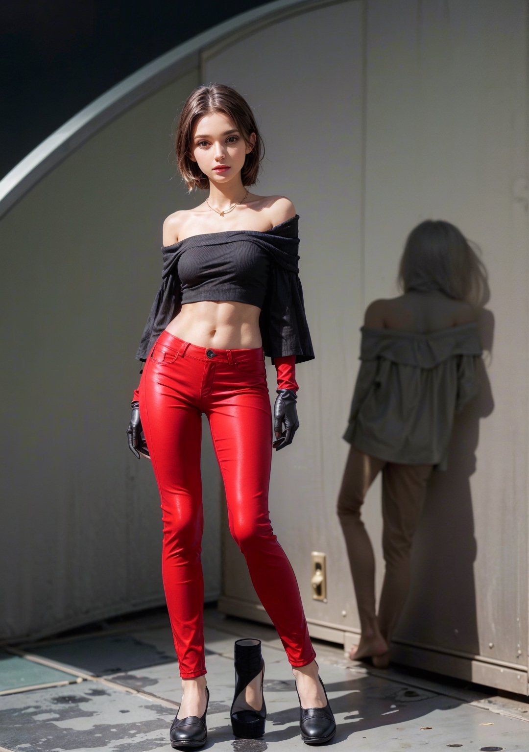 (masterpiece, best quality, ultra-detailed, ultrarealistic:1.4, scenary), (1 solo girl:1.2), (24 years old:1.4), (realistic face), (perfect anatomy:1.4) skinny teen, (full body:1.5), (tight red pants:1.6), (soft fabric pants:1.6), Realism, (European Face:1.3), (complete standing pose:1.6), (long legs:1.6), (small necklace, collarbone:1.2), (natural abs:1.4), (tight black miniskirt:1.6), (tight black minitop:1.5), (off-shoulder tight minitop:1.4), (tight gloves:1.2), (perfect hands)