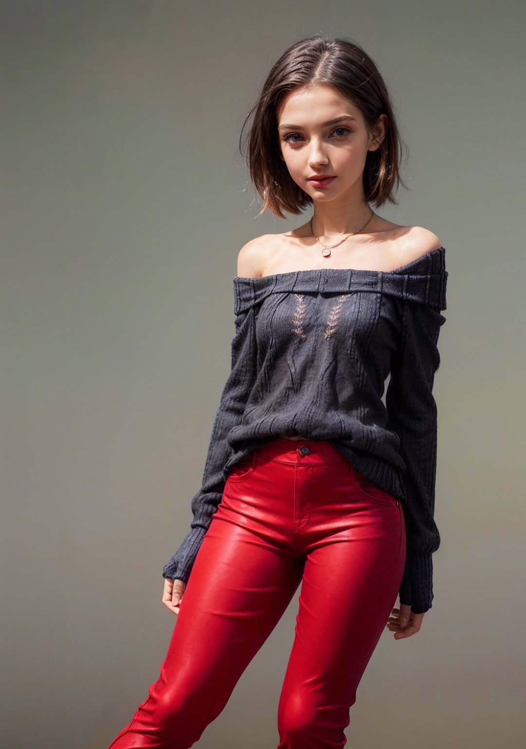 (masterpiece, best quality, ultra-detailed, ultrarealistic:1.4, scenary), (1 solo girl:1.2), (24 years old:1.4), (realistic face), (perfect anatomy:1.4) skinny teen, (full body:1.5), (tight red pants:1.6), (soft fabric pants:1.6), Realism, (European Face:1.3), (complete standing pose:1.6), (long legs:1.6), (small necklace, collarbone:1.2), (natural abs:1.4), (tight black miniskirt:1.6), (tight black minisweater:1.5), (off-shoulder tight minisweater:1.4), (tight gloves:1.2), (perfect hands)