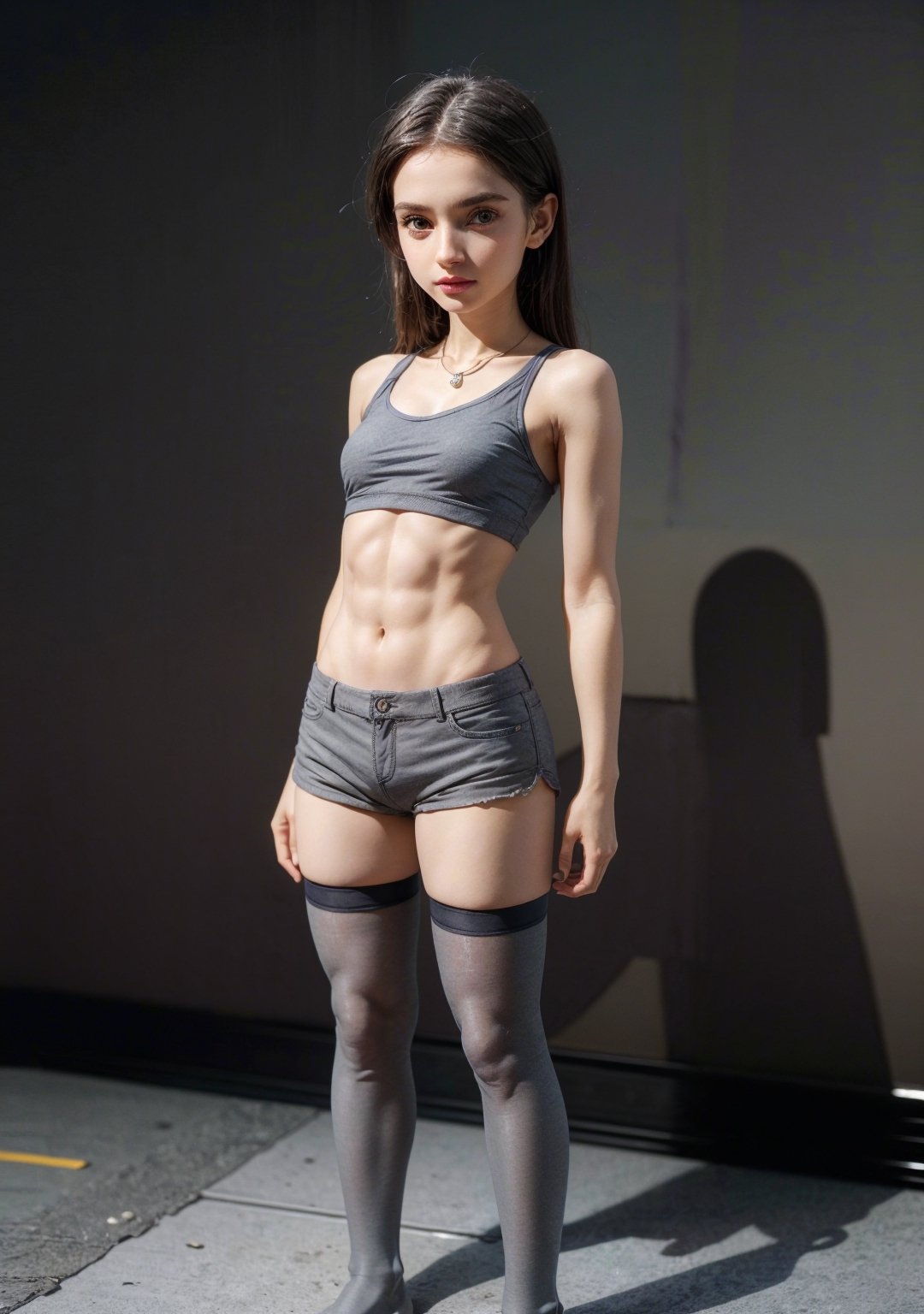 (masterpiece, best quality, ultra-detailed, ultrarealistic:1.4, scenary), (1 solo girl:1.2), (24 years old:1.4), black hair, tight_outfit, (realistic face), (perfect anatomy:1.4) skinny girl, (full body:1.5), (tight skinny tiny shorts:1.5), (soft fabric gray ultra tinyshorts:1.5), Realism, (European Face:1.3), (complete standing pose:1.7), (long legs:1.7), (small necklace, collarbone:1.2), (headphones), (natural abs:1.2), (soft fabric minitop:1.3), (tight minitop:1.5),  (tight black stockings:1.4)