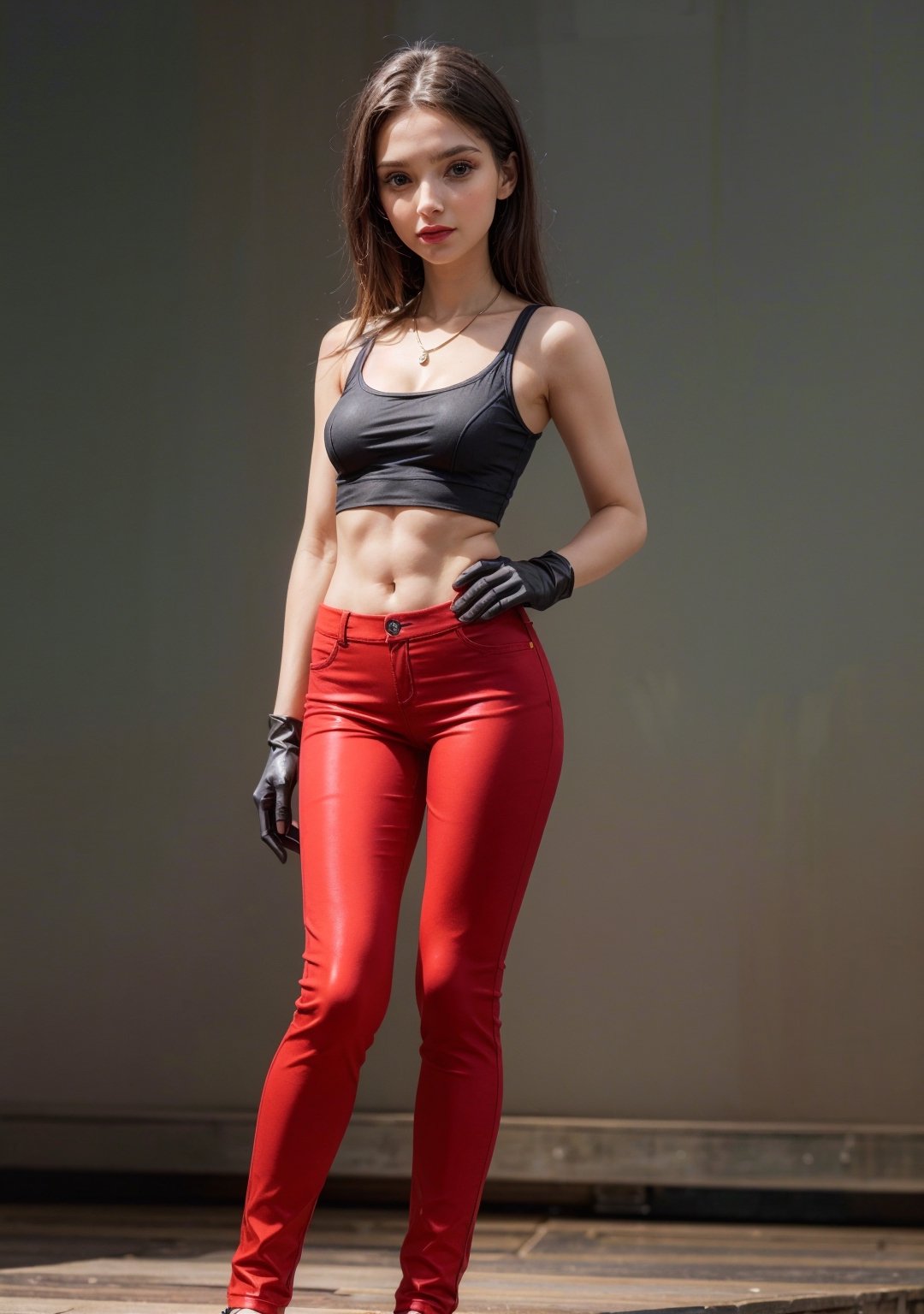 (masterpiece, best quality, ultra-detailed, ultrarealistic:1.4, scenary), (1 solo girl:1.2), (24 years old:1.4), (realistic face), (perfect anatomy:1.4) skinny girl, (full body:1.5), (tight red pants:1.5), (soft fabric pants:1.5), Realism, (European Face:1.3), (complete standing pose:1.6), (long legs:1.6), (small necklace, collarbone:1.2), (natural abs:1.2), (soft fabric minitop:1.4), (tight black minitop:1.4), (tight gloves)