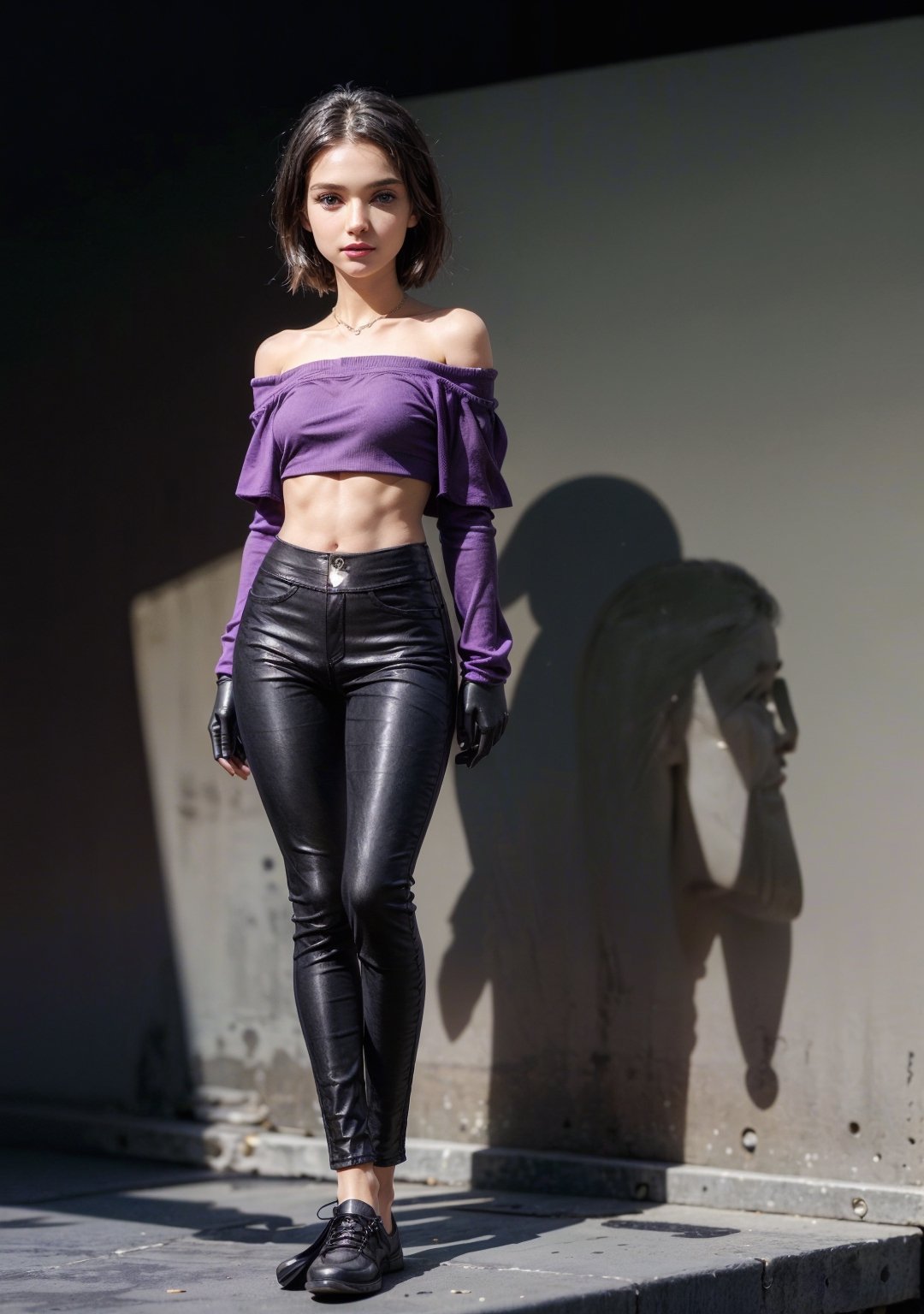 (masterpiece, best quality, ultra-detailed, ultrarealistic:1.4, scenary), (1 solo girl:1.2), (24 years old:1.4), (realistic face), (perfect anatomy:1.4) skinny teen, (full body:1.5), (tight black pants:1.6), (soft fabric pants:1.6), Realism, (European Face:1.3), (complete standing pose:1.7), (long legs:1.6), (small necklace, collarbone:1.2), (natural abs:1.4), (tight purple miniskirt:1.6), (tight black minitop:1.5), (off-shoulder tight minitoo:1.4), (tight gloves:1.2), (perfect hands)